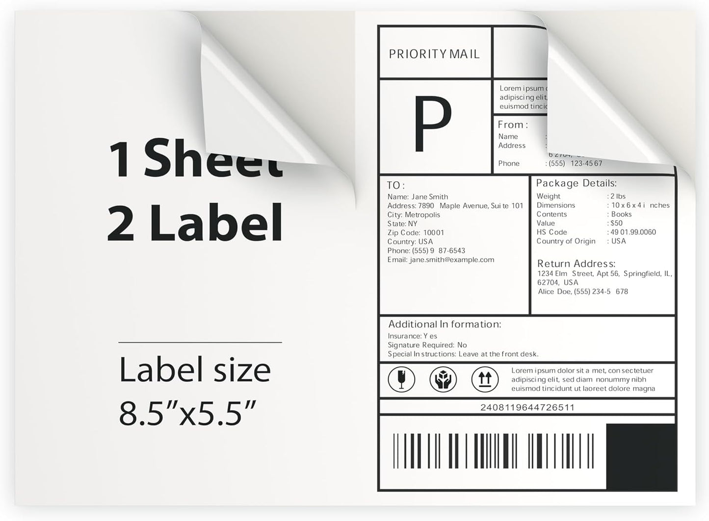 300 Sheet (600 Labels) | 8.5" x 11" 2 UP Half Sheet Self Adhesive Shipping Labels for Laser & Inkjet Printers | Ecommerce, Address, Mailing, Labeling, Packaging