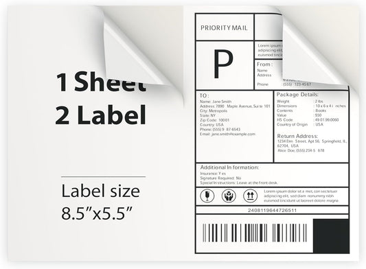 2000 Sheet (4000 Labels) | 8.5" x 11" 2 UP Half Sheet Self Adhesive Shipping Labels for Laser & Inkjet Printers | Ecommerce, Address, Mailing, Labeling, Packaging