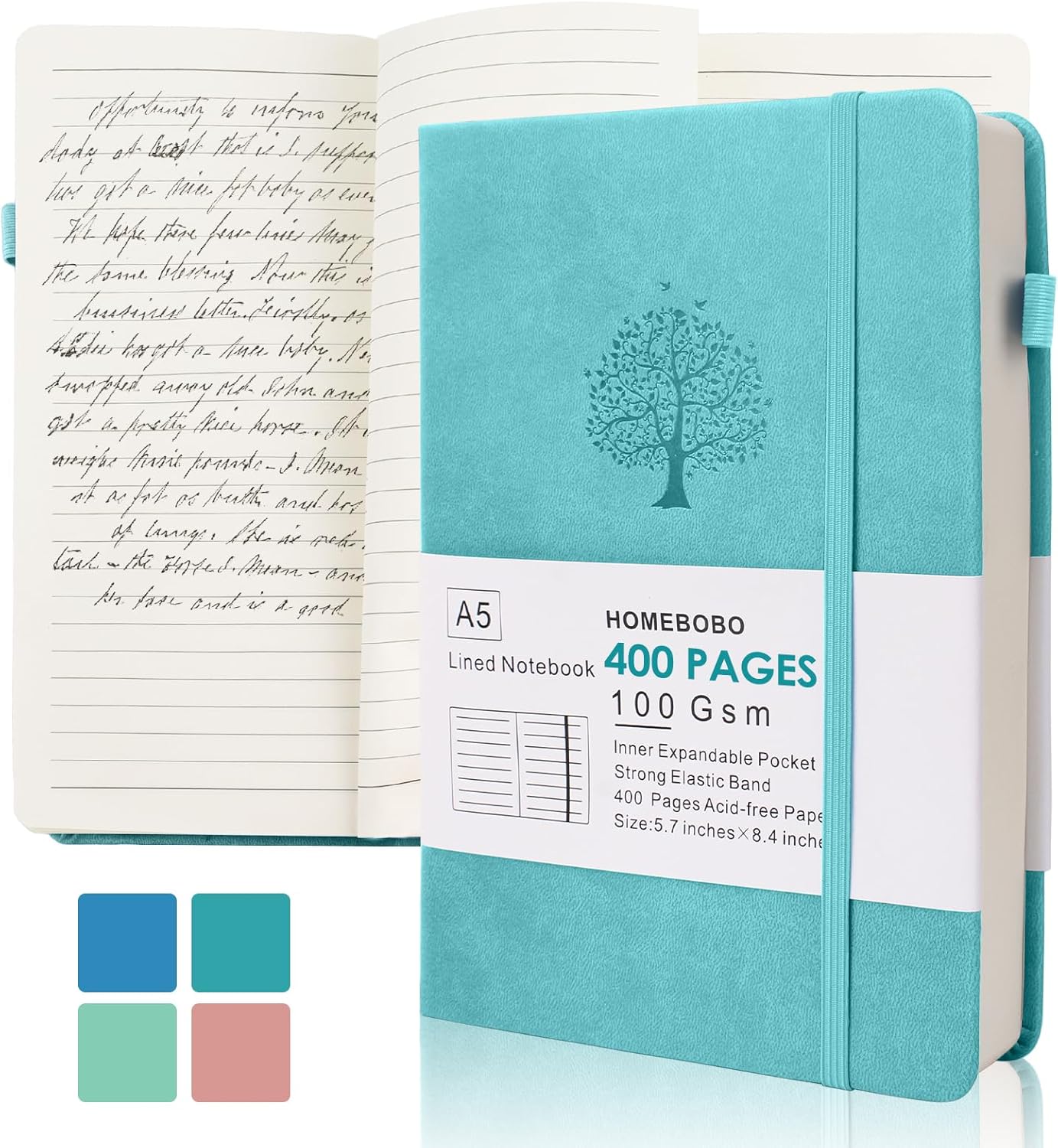 Journals for Writing, A5 Leather Ruled Notebook with 400 Pages, 100 Gms College Ruled Journal with Thick Paper, Hardcover with Inner Pocket & Pen Holder, Lake Green