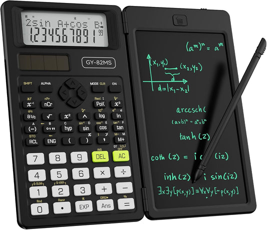 Scientific Calculators for School with Notepad, ROATEE Middle and High School Supplies for Student, 82 MS Foldable 2-Line Display Science Calculator with Writing Tablet, Solar and Battery Power Black