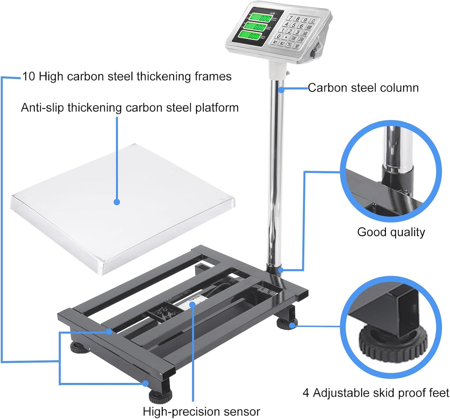 TUFFIOM 661lbs Weight Electronic Platform Scale,Stainless Steel High-Definition LCD Display,Digital Floor Heavy Duty Scales,Perfect for Luggage Package Price Computing Postal Shipping Mailing