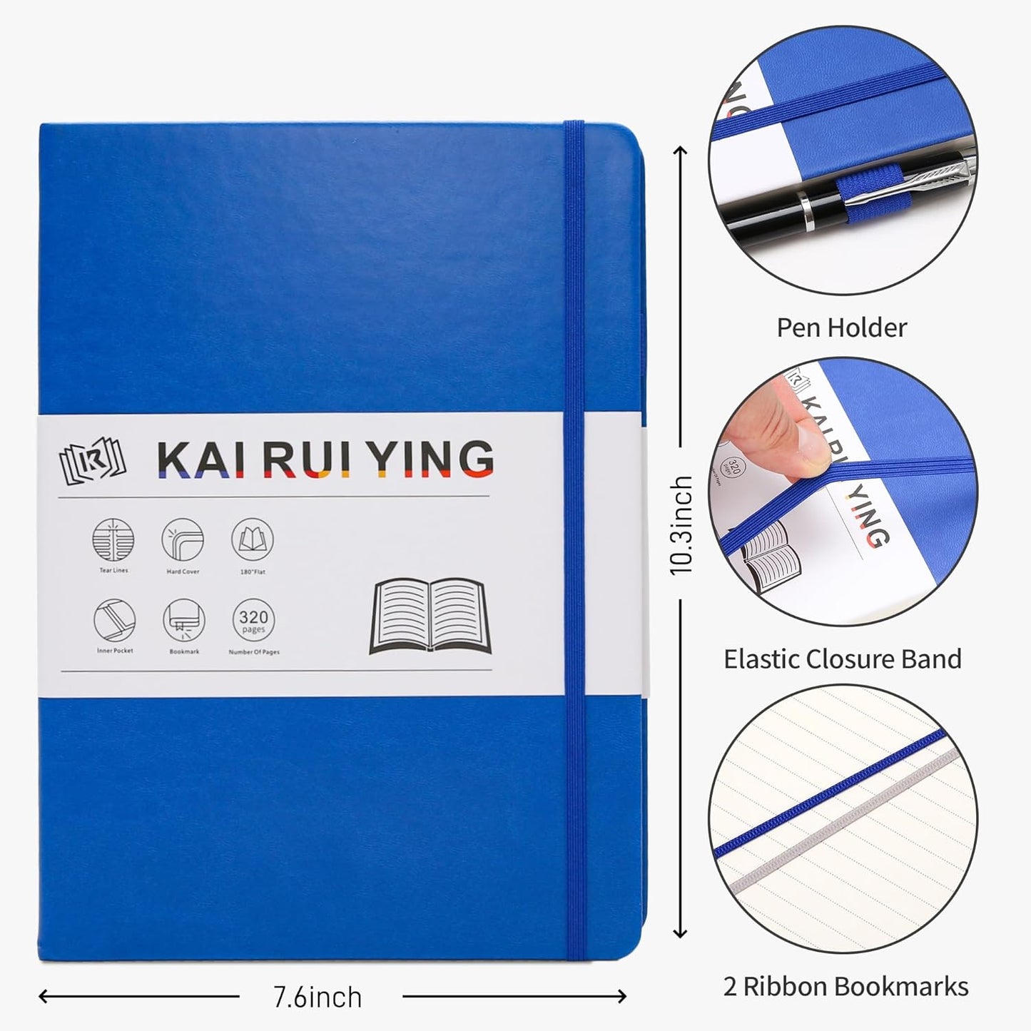KaiRuiYing Lined Journal Notebook with Pen Holder, 320 Pages, 7.6'' × 10.3'' Large Size B5-100 GSM Thick Paper, for Writing, Work, Office, Leather Hardcover