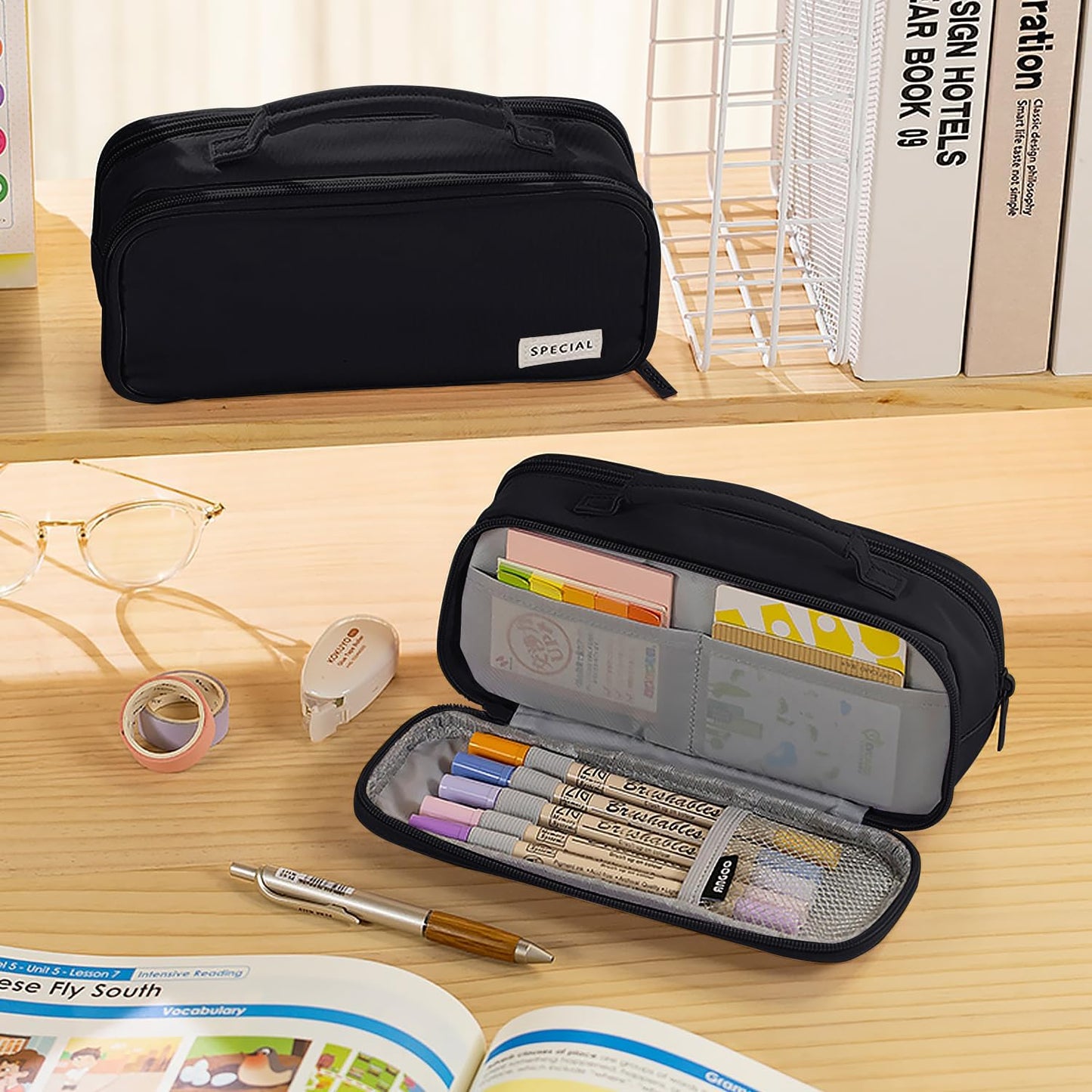 MAMUNU Pencil Case Large Capacity with 3 Compartments, Pencil Case Pouch Bag with Zipper Handle Portable Pen Stationery Organizer for Teen Girls Boys Adults College School Office Travel, Black