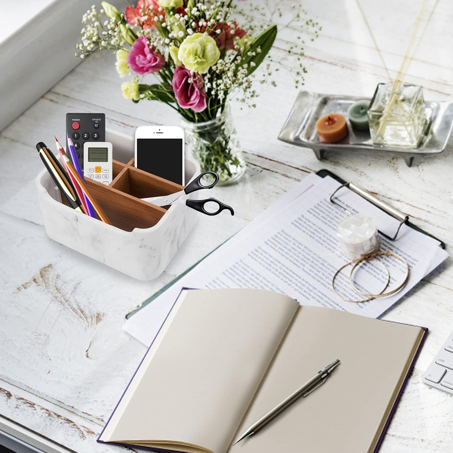 Desk Organizers, Marble Remote Holders for Table, Modern Office Controller Pen Phone Holder Organizer, Stylish Caddy and Storage Accessories for Bedside Nightstand Desktop Coffee Table