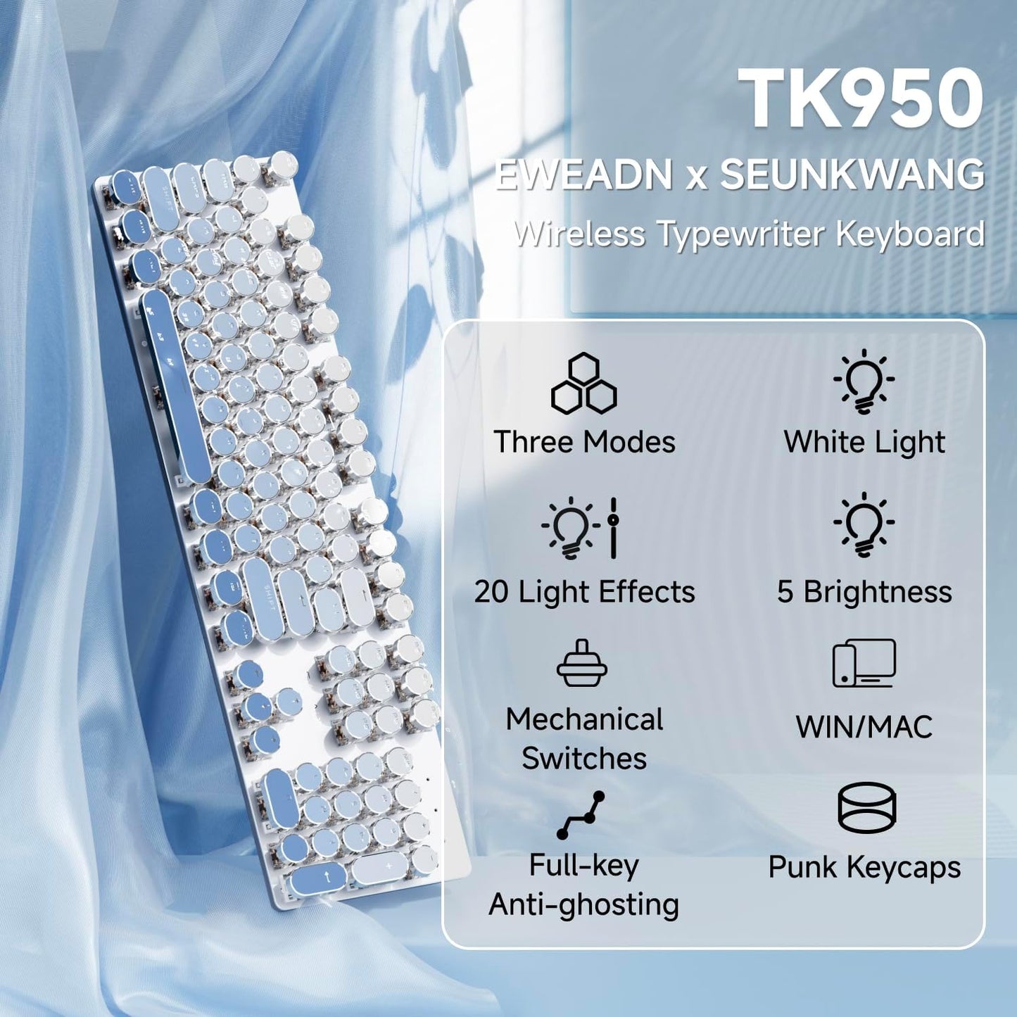 EWEADN Typewriter Keyboard Wireless Mechanical Keyboard, 104 Keys Gradient Color Typewriter Keyboards with White Backlit, Anti-Ghosting, Blue Switch Bluetooth/2.4GHz/Wired Keyboards-Blue