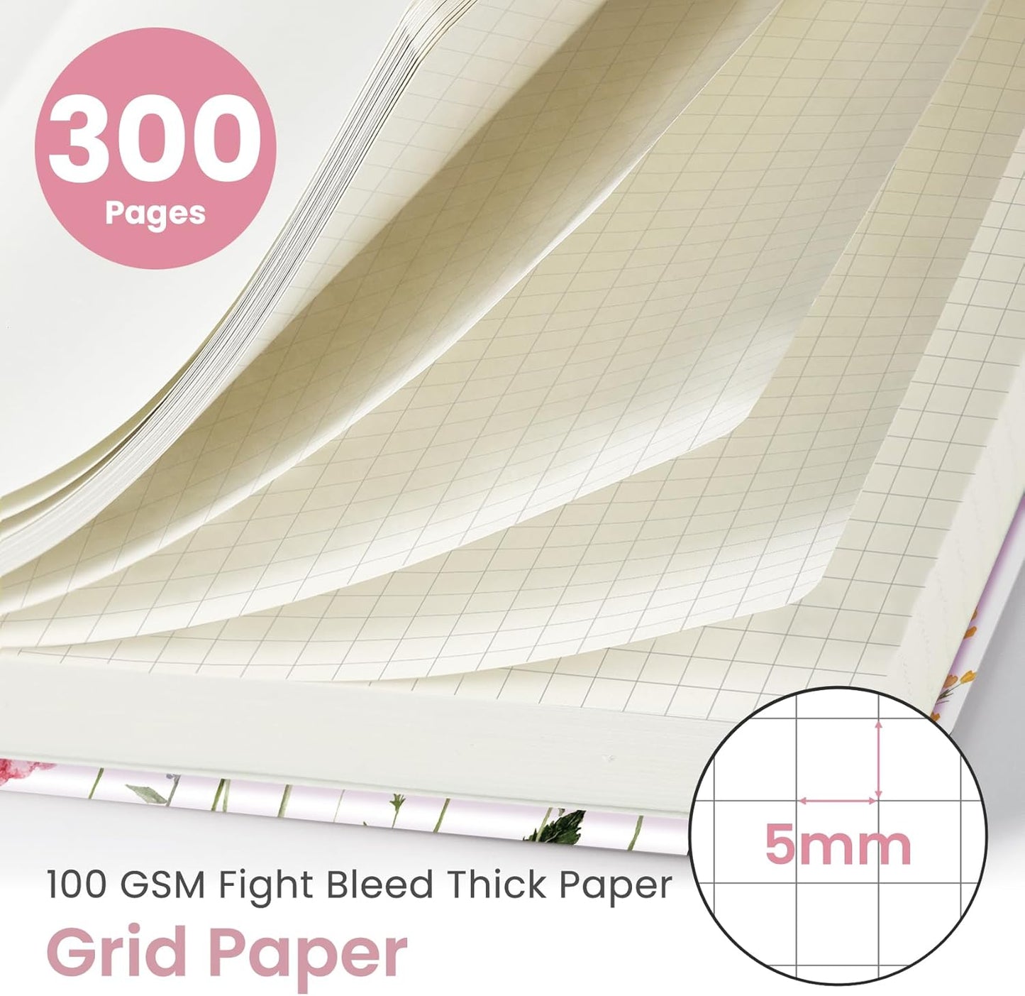 Spiral Graph Paper Notebook Journal for Work, 300 Pages, Thick B5 (7.1"x10") Grid Journals for Women & Writing, Hardcover Notebook for Note Taking, Perfect for Work School Note Taking Business, Floral