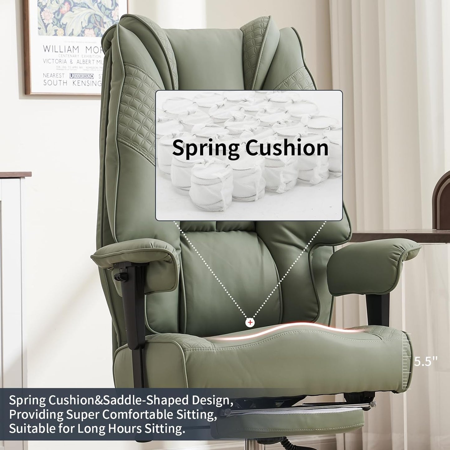 Big and Tall Office Chair 400lbs Wide Seat, Leather High Back Executive Office Chair with Foot Rest, Ergonomic Chairs Lumbar Support for Lower Back Pain Relief (Light Green)