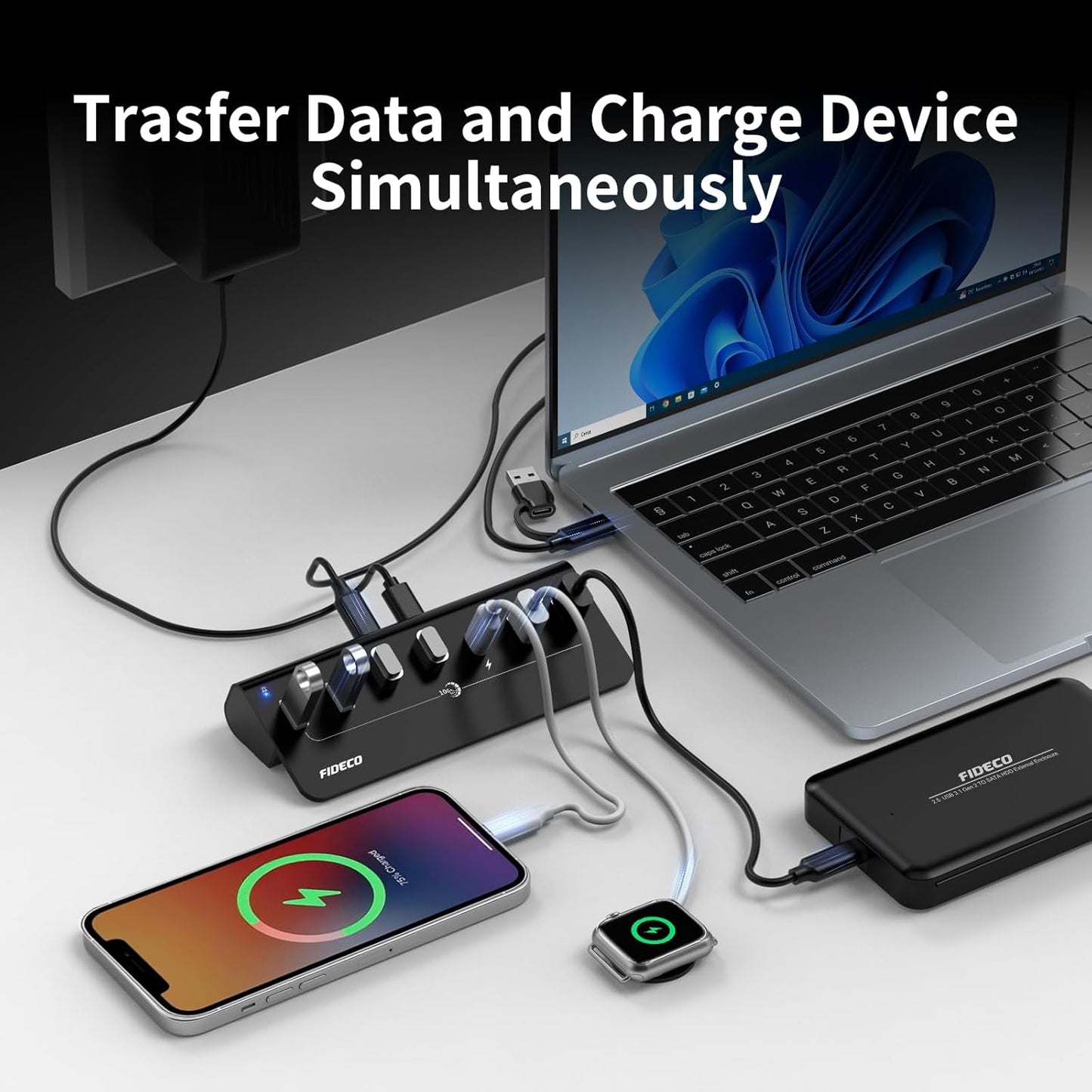 FIDECO Powered USB Hub, 7 Port USB 3.2 Gen 2, 10Gbps Fast Data Hub for iPhone 16/15 and Laptop, Aluminum USB Splitter with 5V 3A Power Adapter, 4 USB-A and 3 USB-C Ports, Support BC1.2 Charging