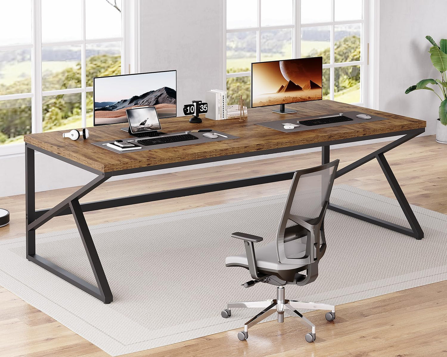 HSH Large Rustic Brown Computer Desk, 78 Inch Extra Long Metal Wood Desk for Home Office, Two Person Executive Writing Study Gaming Desk Table, Bedroom Living Room PC Laptop Dual Monitor Desk