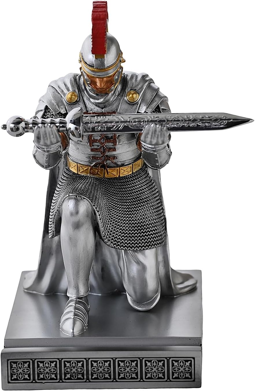 Roman Praetorian Prefect Warrior Knight Pen Holder Desk Ornament Resin Praetorian Guard Mobile Phone Stand Desk Accessories and Organizer For Office with a Letter Opener (Silver)