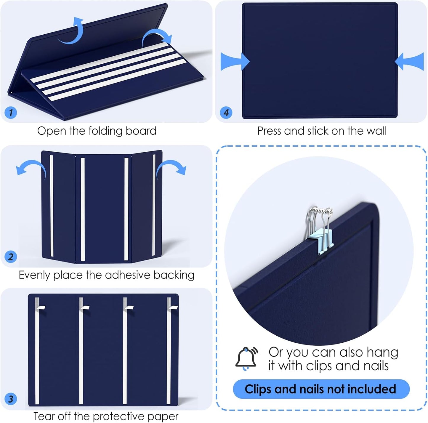 MaxGear Large Bulletin Board 48" x 36", Foldable Felt Board Vision Board Supplies, Cork Board for Office, Home, School, Small Pin Boards for Walls Decorative Display Board Dark Blue