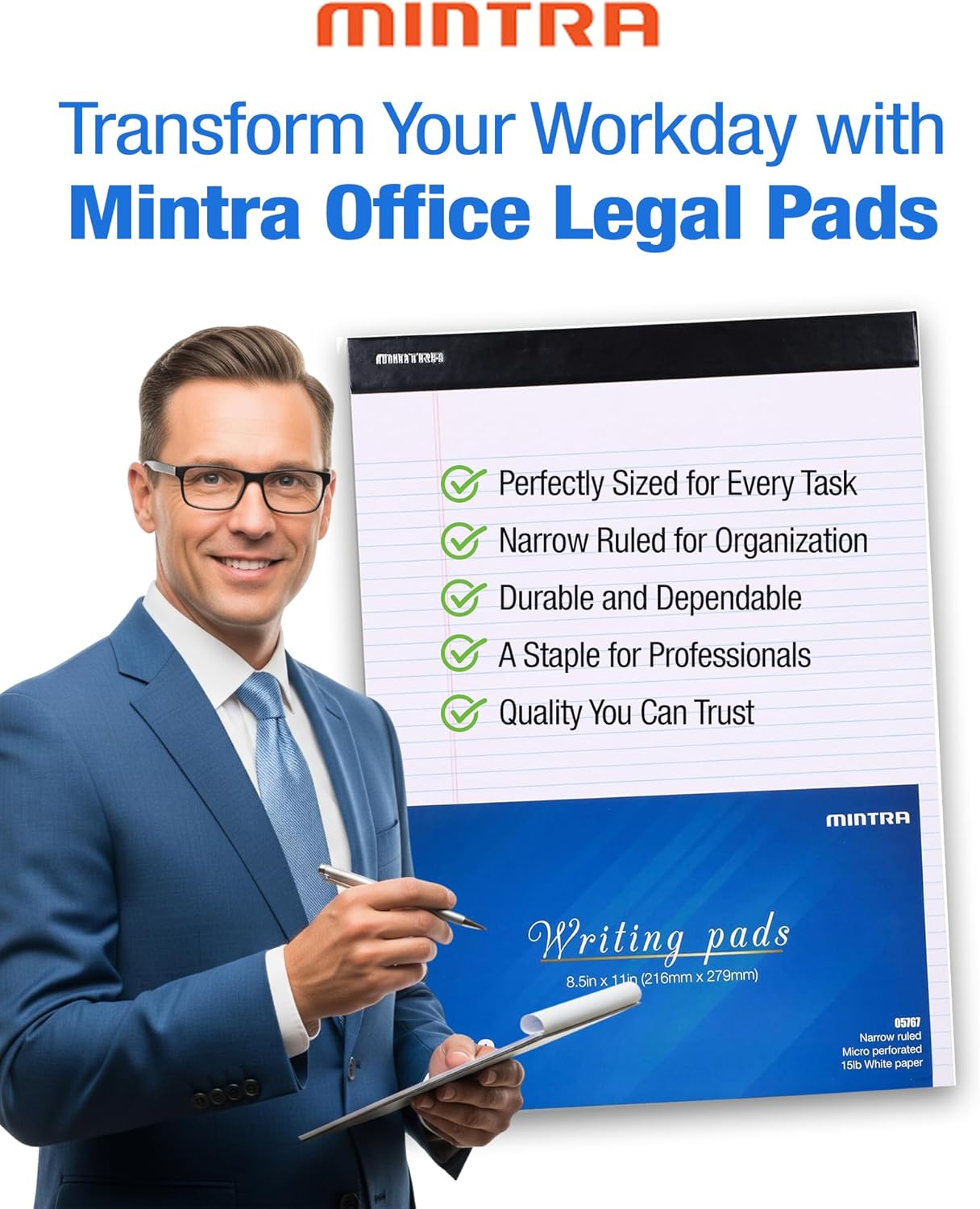 Mintra Office Legal Pads - ((BASIC WHITE 6pk, 8.5in x 11in, NARROW RULED))