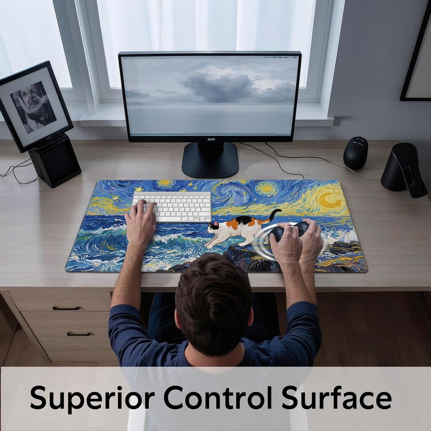 Cute Calico Cat Surfing Mouse Pad, Starry Night Style Mousepad - Large Non-Slip Desk Mat for Office, PC, Laptop - 35.5"x15.7" x 3mm