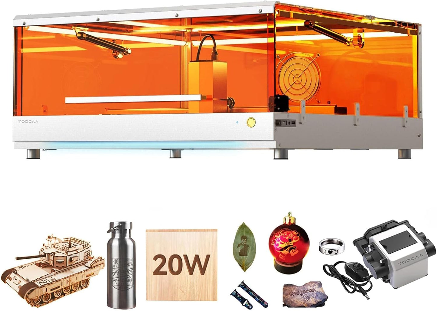 TOOCAA 20W Laser Engraver with Air Assist, No-Charge Software, Laser Cutter and Engraver Machine with Enclosure,Status Atmosphere Light for Tumblers Wood Metal Acrylic