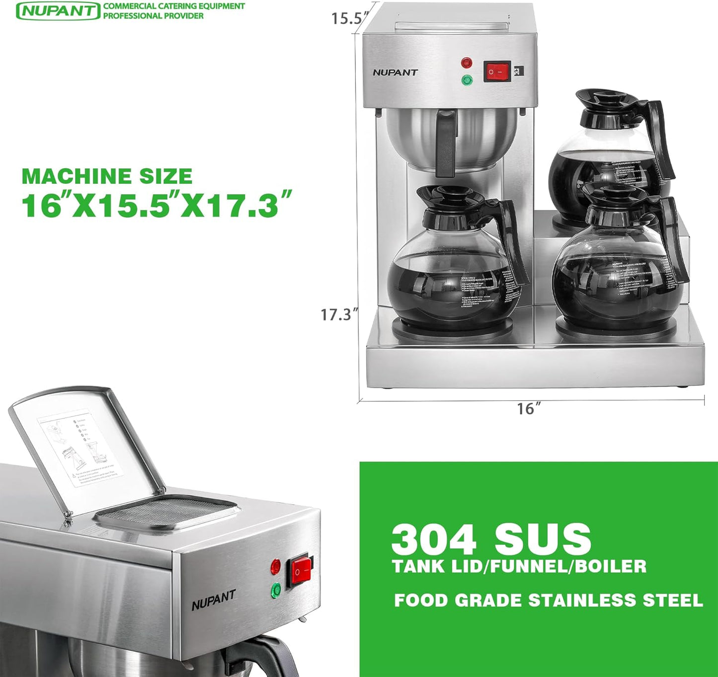 12 Cup Commercial Coffee Maker, Drip Coffee Maker Machine with 3 Warmers Plate and 3 Glass Decanters, Stainless Steel Pour Over Commercial Coffee Brewer for Restaurant, Office, Cafe Use