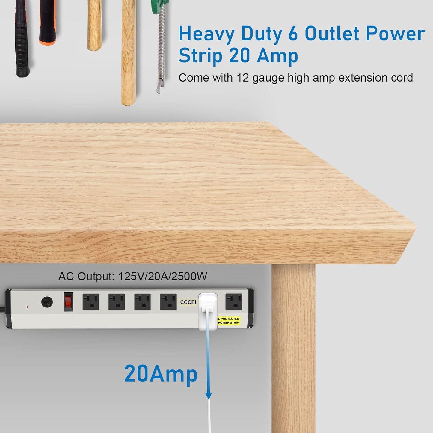CCCEI Heavy Duty Power Strip Surge Protector 20 Amp, High Amp Industrial Shop Garage Metal Multiple Outlets, 15 FT 12 Gauge 5-15P Extension Cord 6 Outlet 6-20R T-Slot 20a for Appliance.