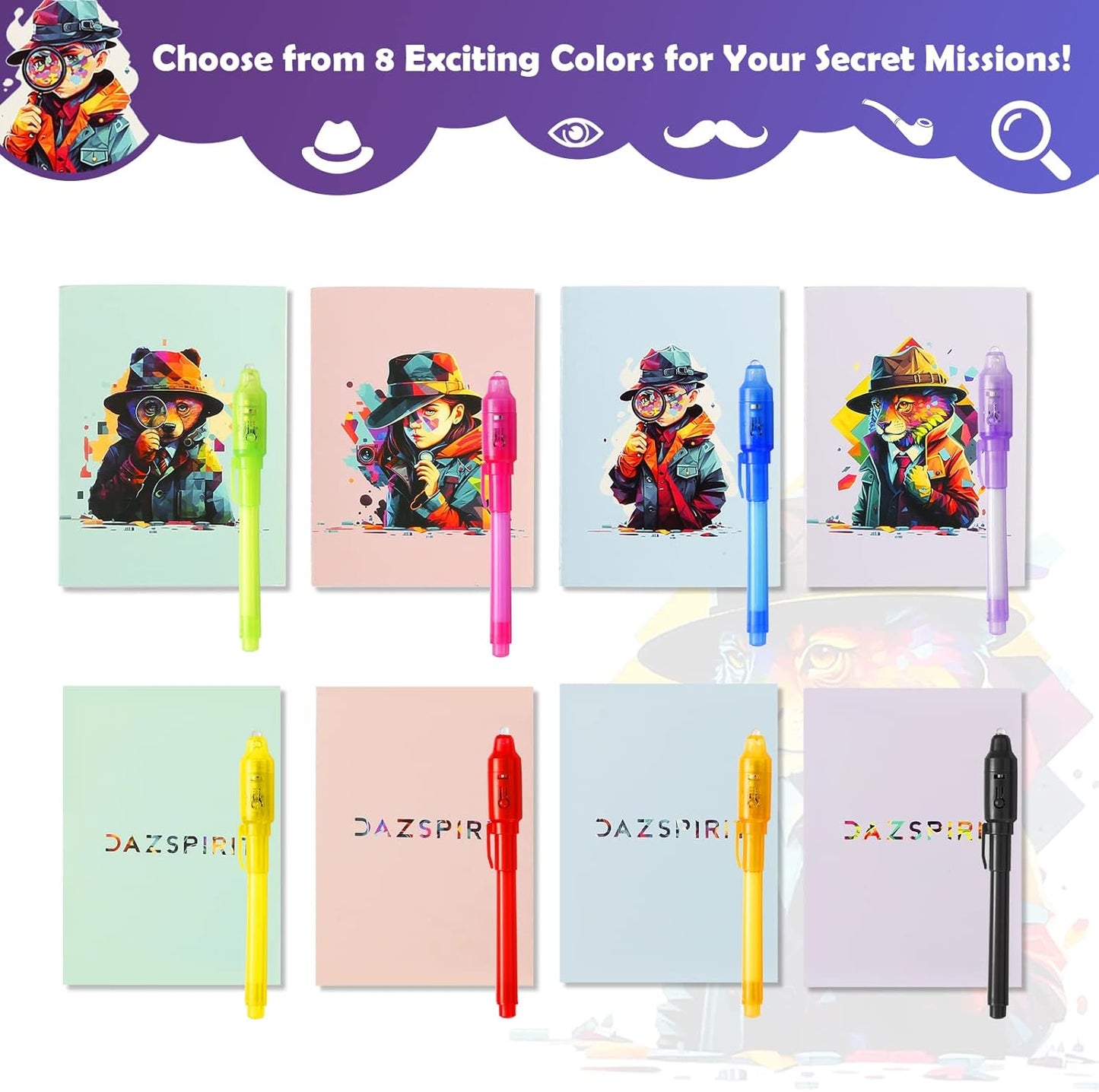 8Pcs Invisible Ink Pen Set with UV Light, Mini Notepads & Favor Bags, Magic Pen Disappearing Ink, Spy Pens for Kids, Fun Party Favors for Kids 8-12, Detective & Escape Room Themes