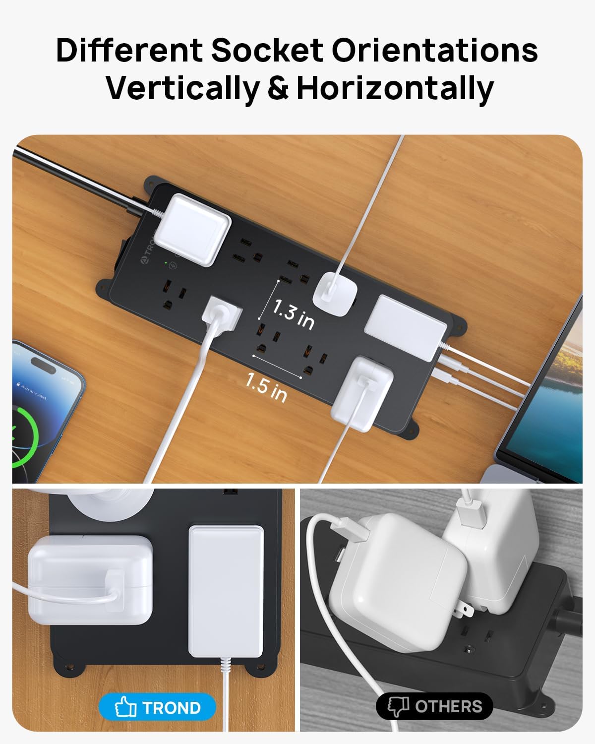 TROND Surge Protector Power Strip with 360° Rotating Flat Plug, 4000J, ETL Listed, 10 Widely Spaced Outlets, 2 USB A and 2 USB C, 5ft Extension Cord, Wall Mountable, for Home Office Garage, Black