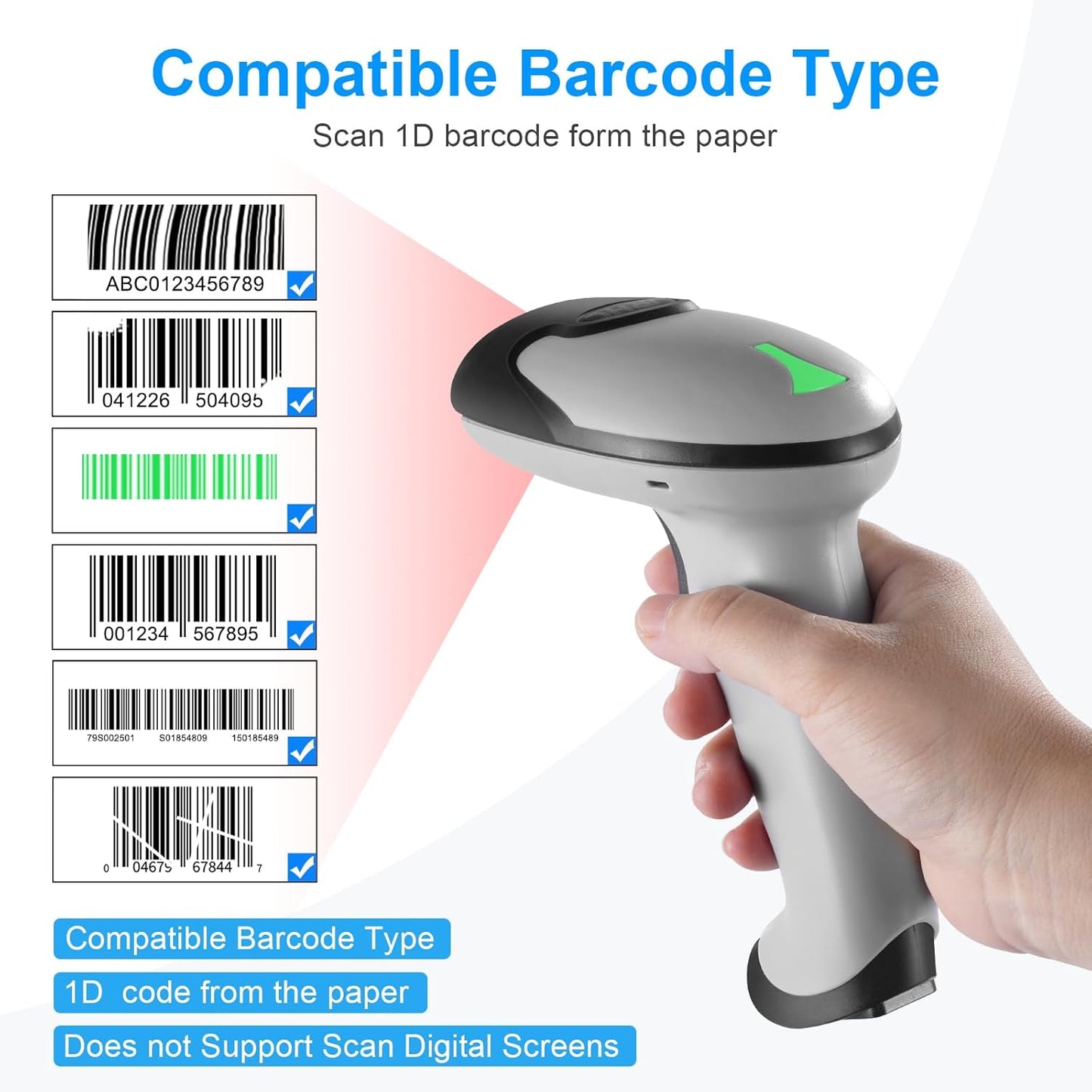 Barcode Scanner with Stand, JRHC Wireless 1D Laser Bar Code Scanners 2.4G Wireless & USB Wired Connection Plug and Play Handheld Bar Code Reader