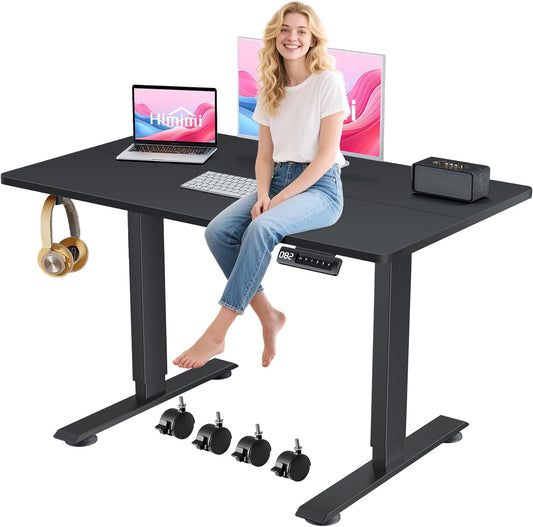 Himimi Electric Standing Desk 48 x 24 inch for Home Office,Sit-Stand Adjustable Desk with Memory Presets,Height Adjustable Desk for Gaming/Working,Free Hook, Lockable Wheels,Black