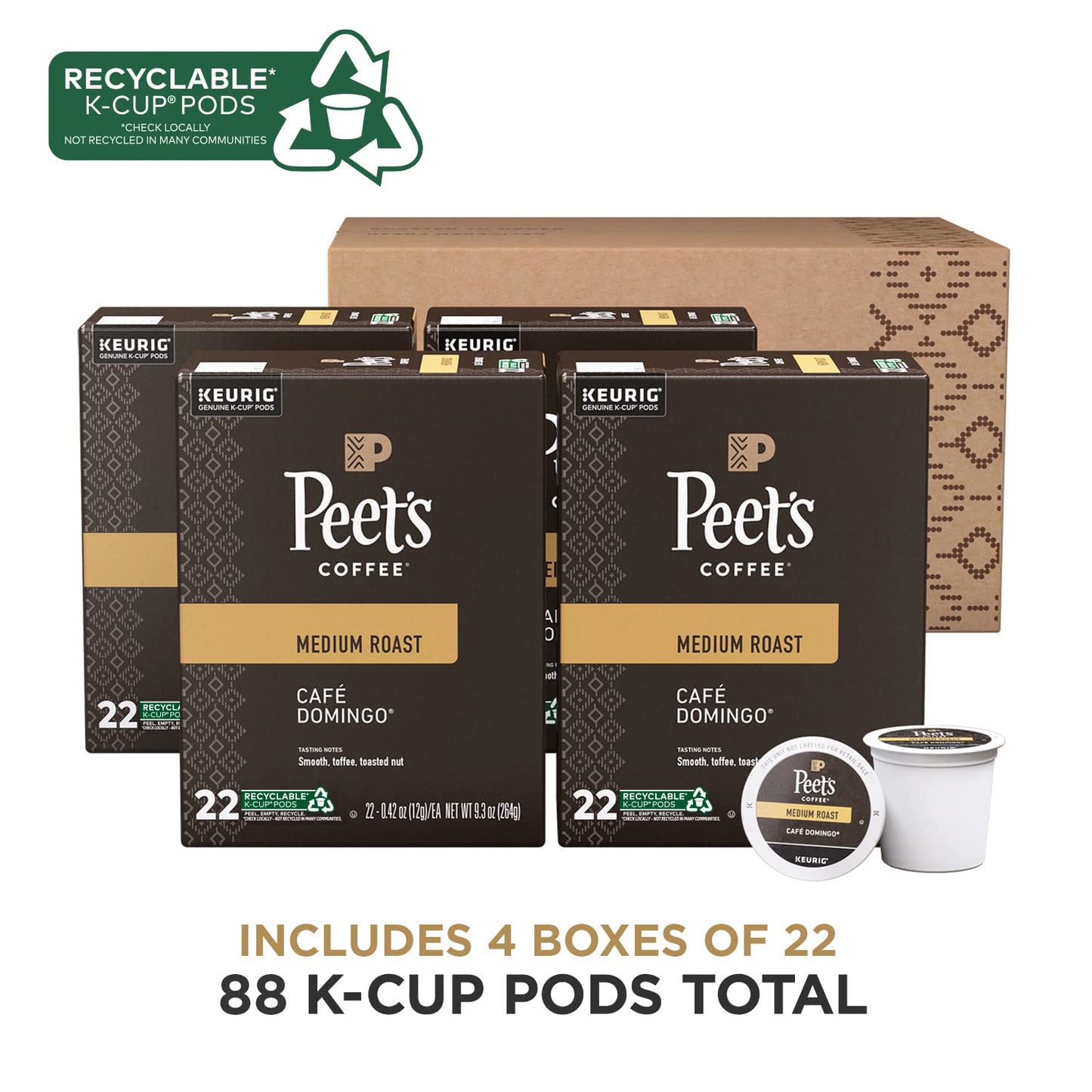 Peet's Coffee, Medium Roast Keurig K-Cup Pods - Café Domingo 88 Count (4 Boxes of 22 K-Cup Pods)