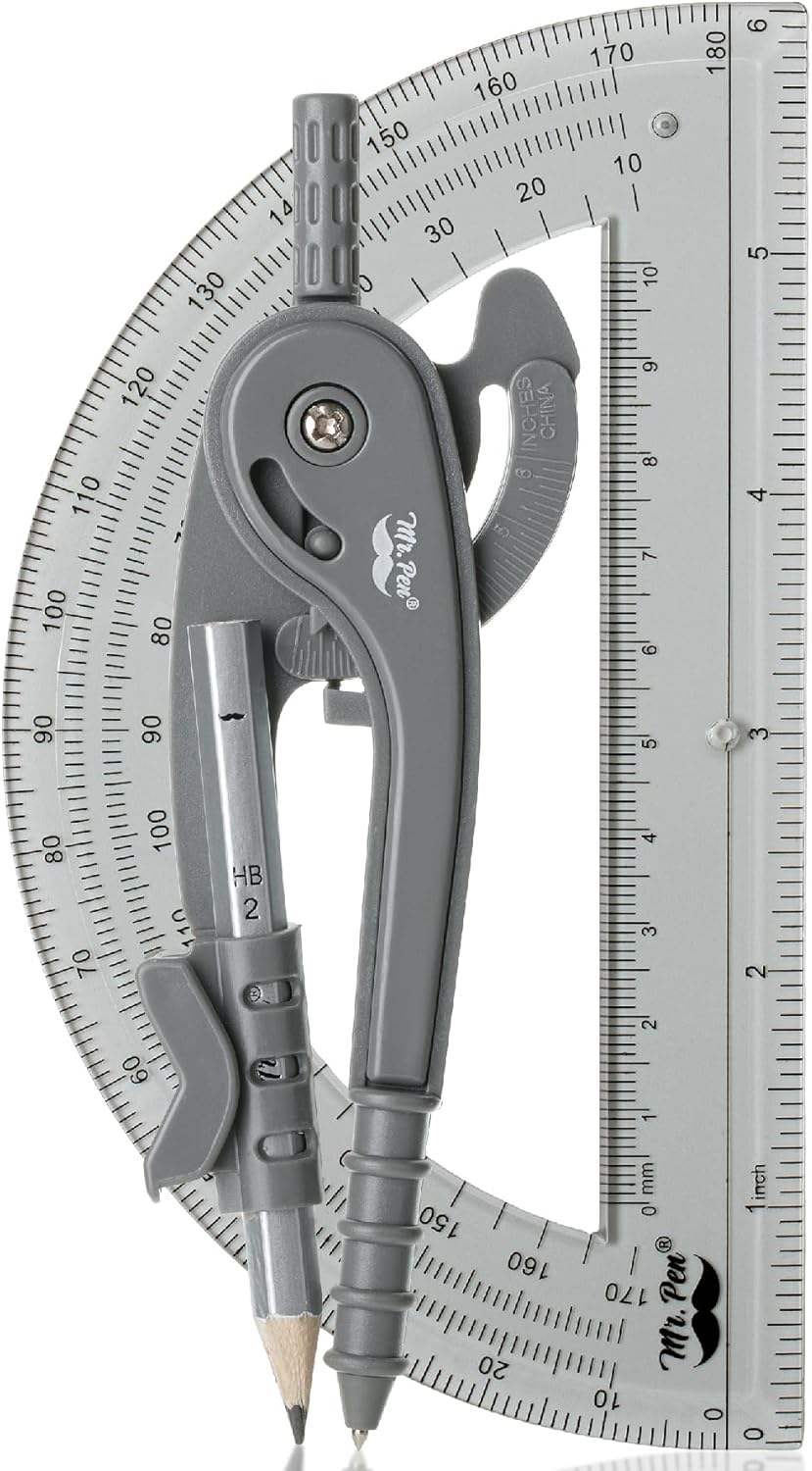 Mr. Pen- Compass and Protractor Set, Shuttle Grey, Compass Geometry Tool, Protractor and Compass Set, Compass Drawing Tool, Drawing Compass, Geometry Compass, Back to School Supplies