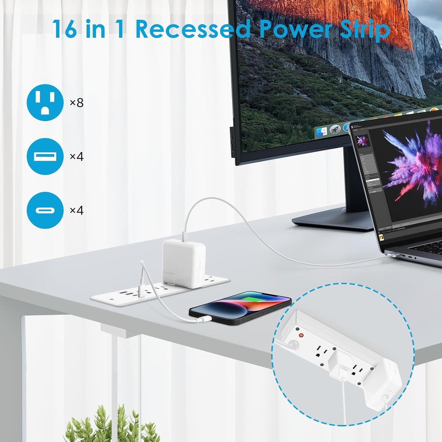 HHSOET 16 in 1 Recessed Power Strip Flat Plug, 30W Fast Charging Furniture Outlet with USB, Conference Recessed Surge Protection with 8 AC Plugs, 4 USB Ports 4 USB-C, 10ft Power Cord.(White)