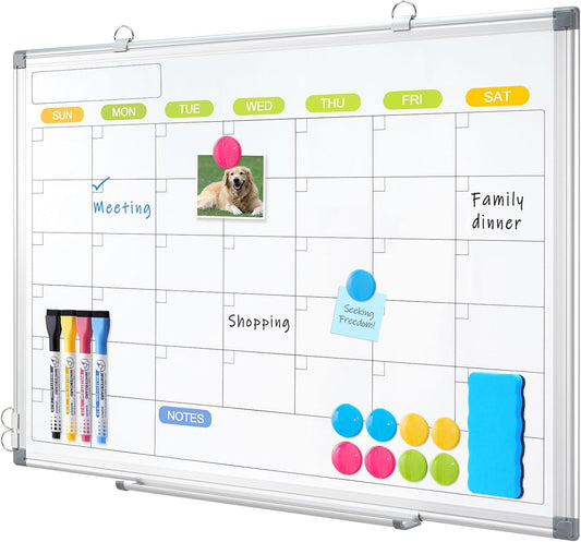 Dry Erase Calendar Whiteboard for Wall, WALGLASS 24" x 18" Magnetic White Board, Monthly Dry Erase Calendar with Silver Aluminum Frame, Double-Sided Hanging Portable Board for Office, Home, School