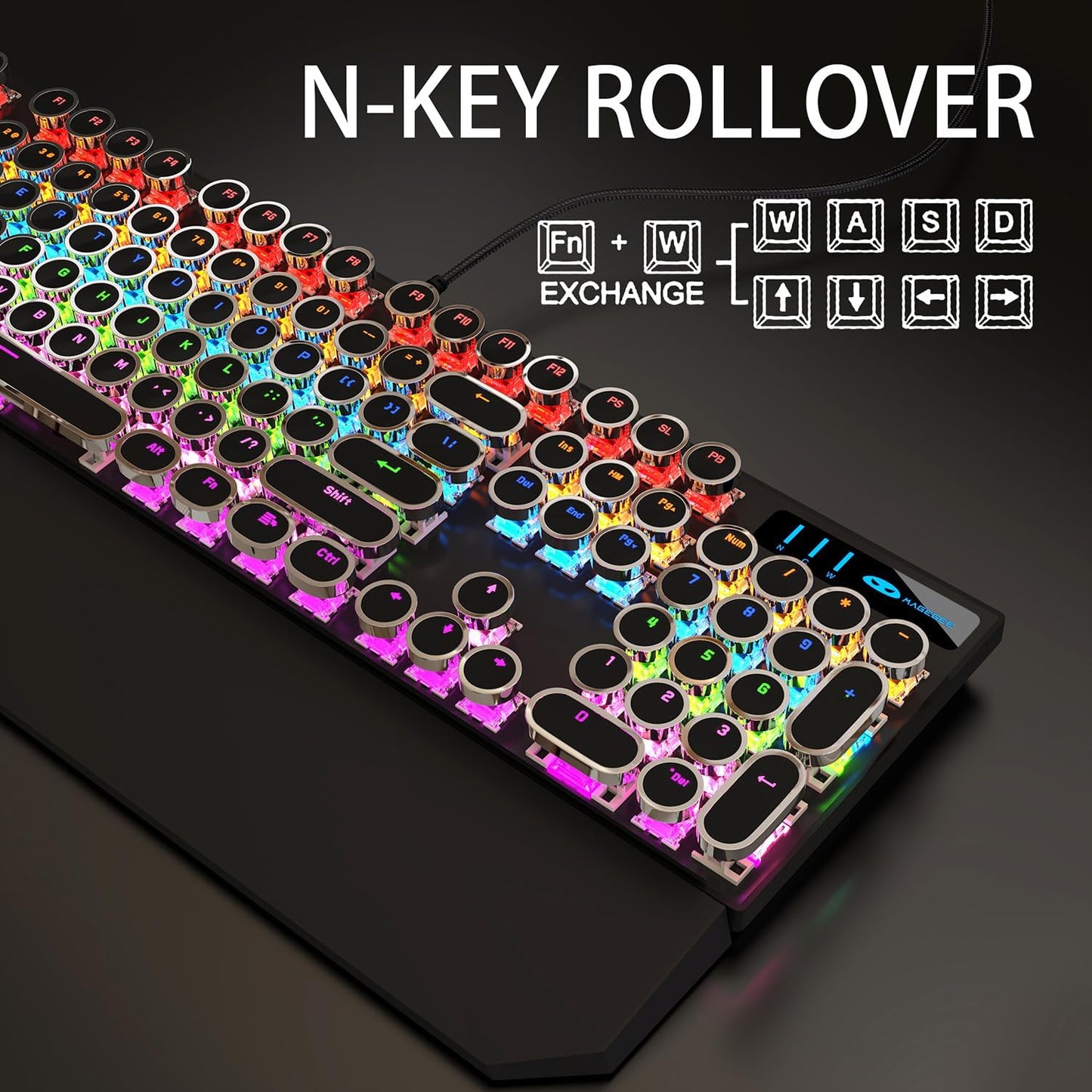 Camiysn Typewriter Style Mechanical Gaming Keyboard, Black Retro Punk Gaming Keyboard with RGB Backlit, 104 Keys Blue Switch Wired Cute Keyboards, Round Keycaps for Windows/Mac/PC