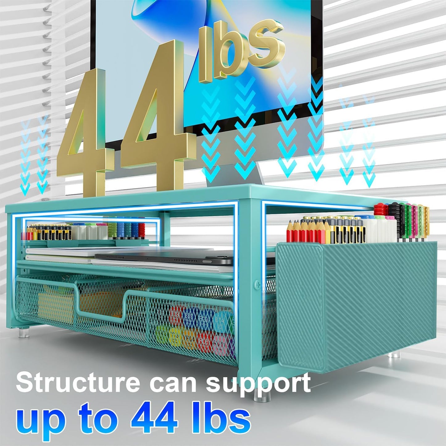 gianotter Desk Organizers and Accessories, Monitor Stand with Drawer and 2 Pen Holder, Desktop Organizer Suitable for Offices and Dormitories (Blue)