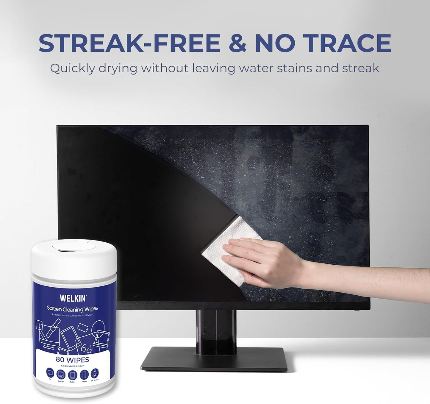 WELKIN 80 Electronics Cleaning Wipes - Non Toxic Screen Cleaner, Streak Free Touchscreen Cleaning for All Phones, Laptop, Computer, TV and Car，1 X Microfiber Cloth Included