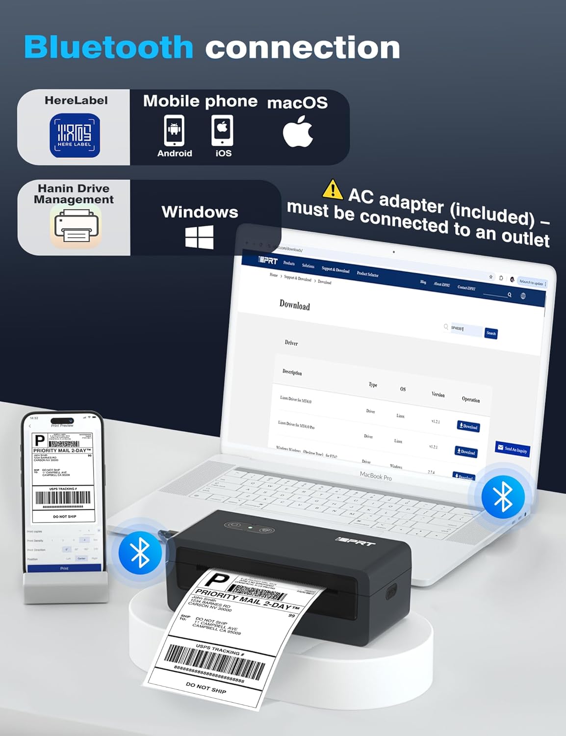 iDPRT Shipping Label Printer 4x6 Bluetooth Thermal Label Printer for Small Business and Shipping Package, Support Android, iPhone, Windows, macOS, Widely Used for Amazon, Shopify, Ebay