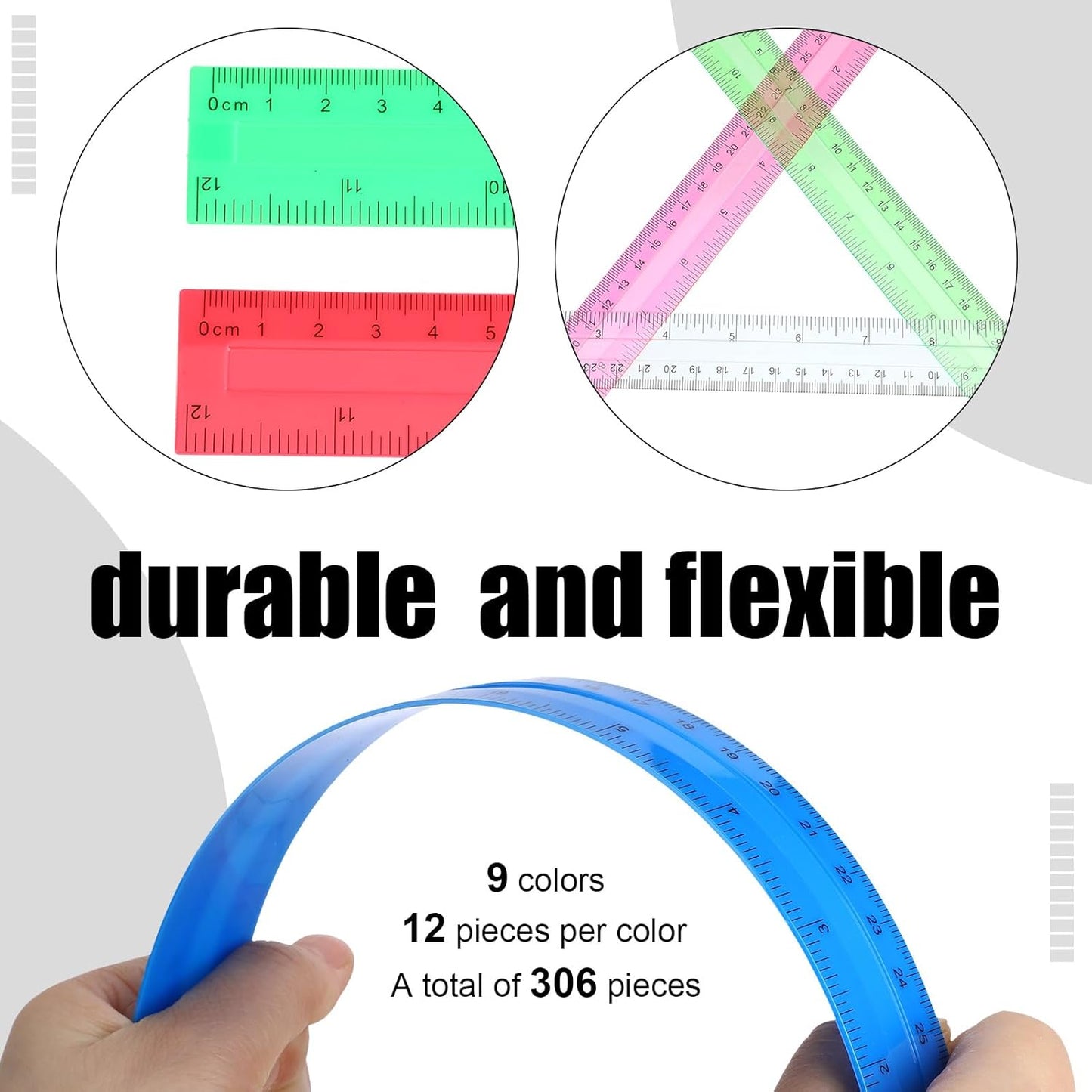 Panelee 306 Pcs 12 Inch Plastic Ruler Color Transparent Ruler Assorted Color Metric Clear Ruler with Inches and Centimeters for Kids School Home Classroom Office Back to School Gifts Supplies