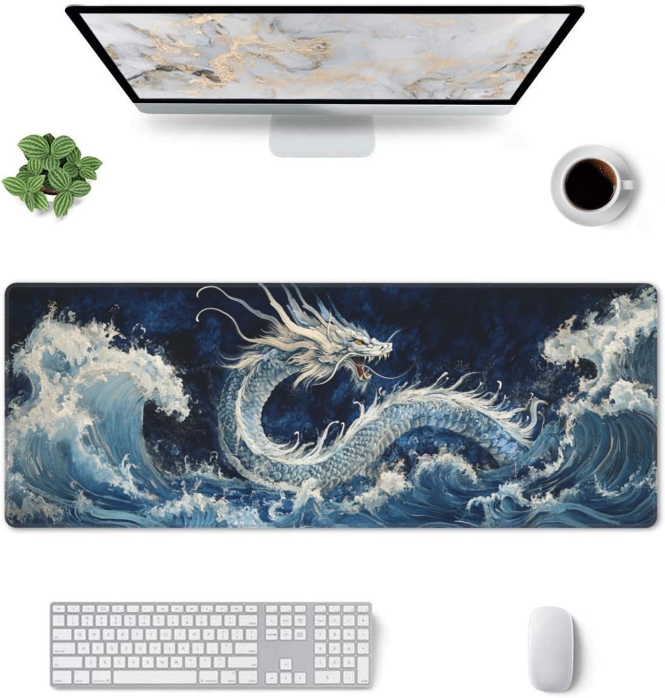 Dragon Wave Mouse Pad 31.5 X 11.8 Inch Big Desk Rubber Base Stitched Edges Keyboard Pad XXL Mouse Mat for Home Game and Office