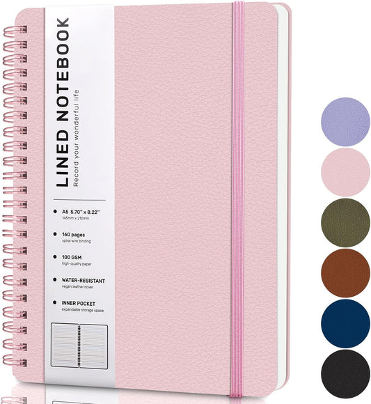 Lined Spiral Journal Notebook, B5 Hardcover Leather Notebook for Work, 7.8''×10'', 100GSM Thick Paper Spiral Bound Journaling Notebooks for Women & Men Office School Note Taking Business, Pink