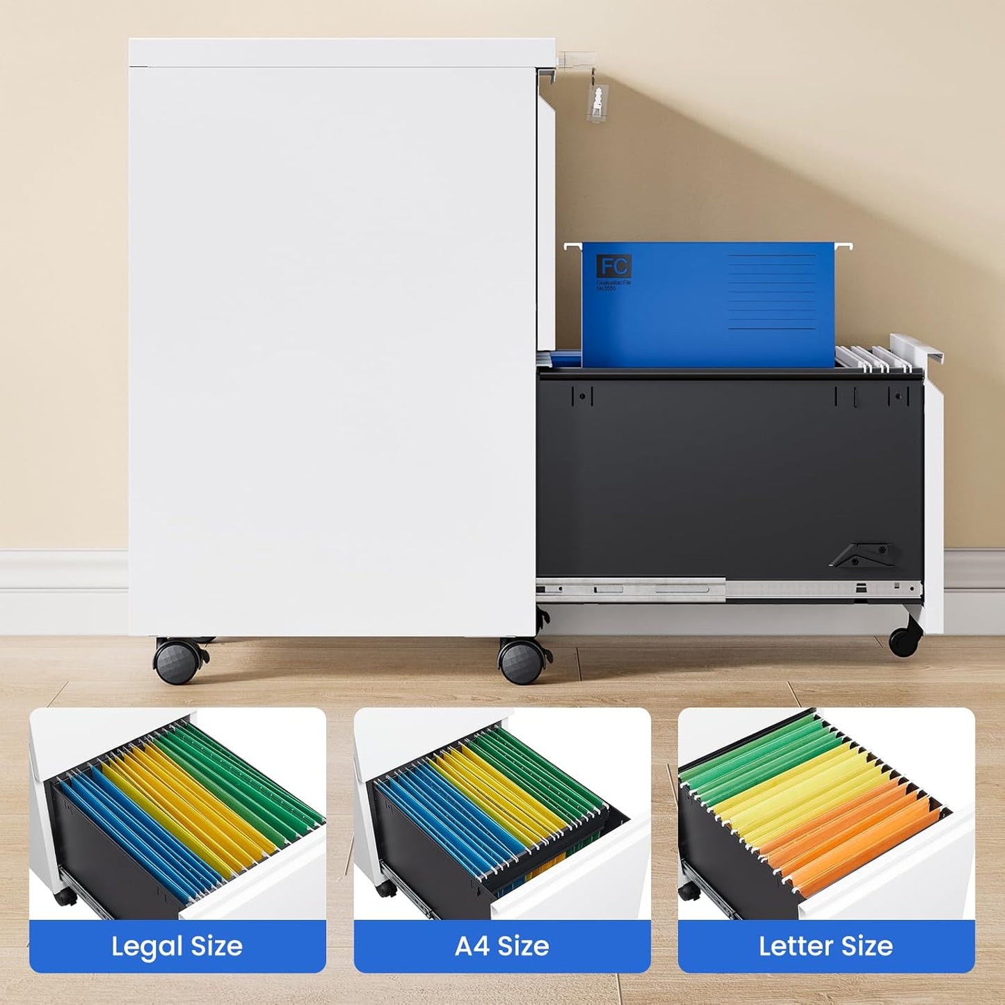 MIIIKO 2 Drawer File Cabinet on Wheels, Home Office Mobile File Drawers Under Desk, Filing Cabinets with Drawers for Legal/Letter/A4 File Folders(White),Un-Assembled