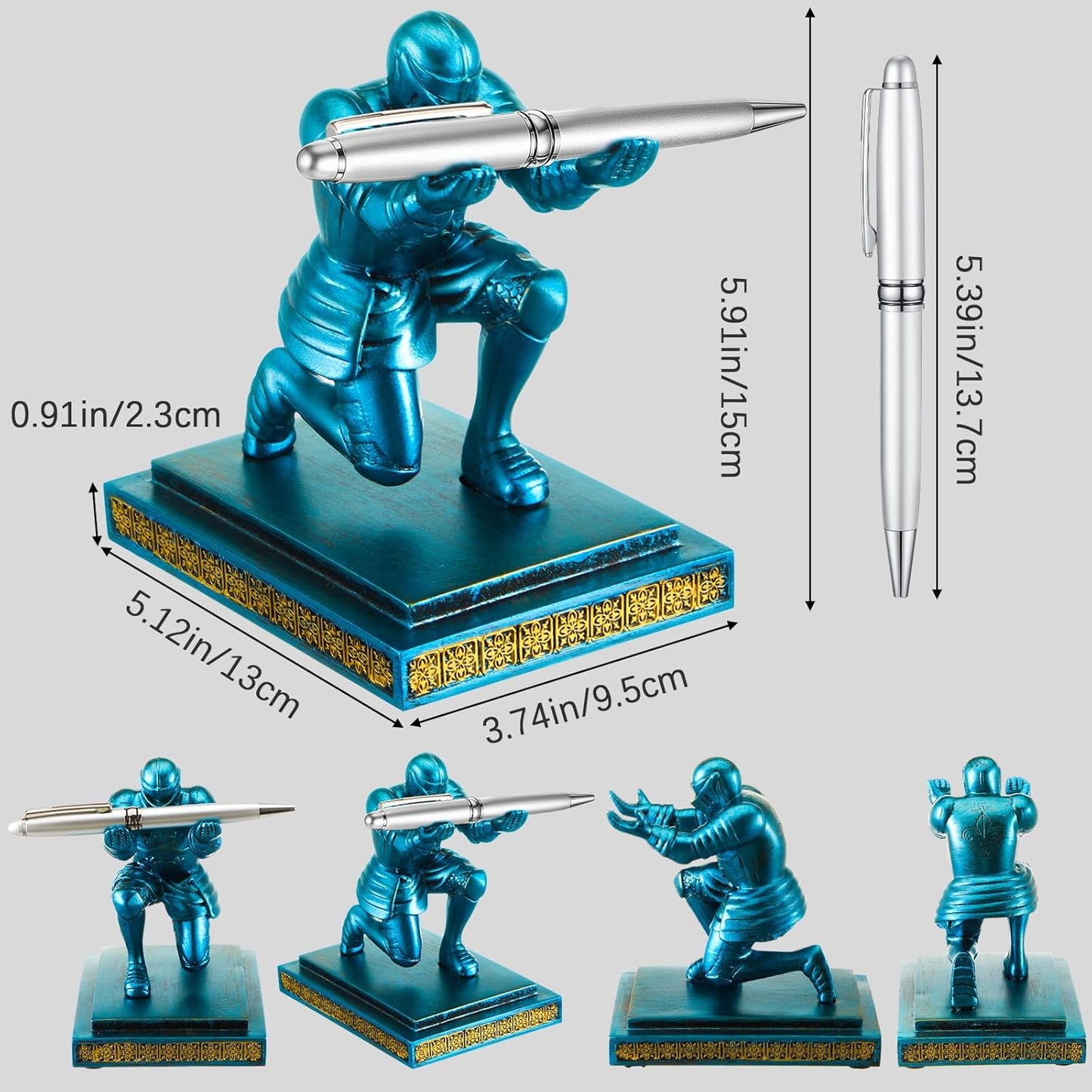 Spakon Knight Pen Holder with 2 Pens Resin Desk Organizers and Accessories Funny Executive Pen Stand Fancy Cool Office Gadgets Cool Desk Decorations for Men Home Supplies(Classic,Blue)