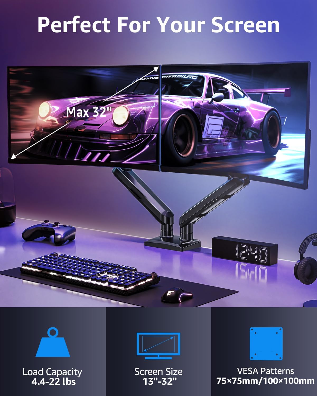 Dual Monitor Mount for 32 27 24 22inch Screens, Gas Spring Monitor Stand for 2 Monitor, Full Adjustable Monitors Desk Mount with C-Clamp＆Grommet Base, Each Arm Holds 4.4-22 lbs, Freelift Pro Black