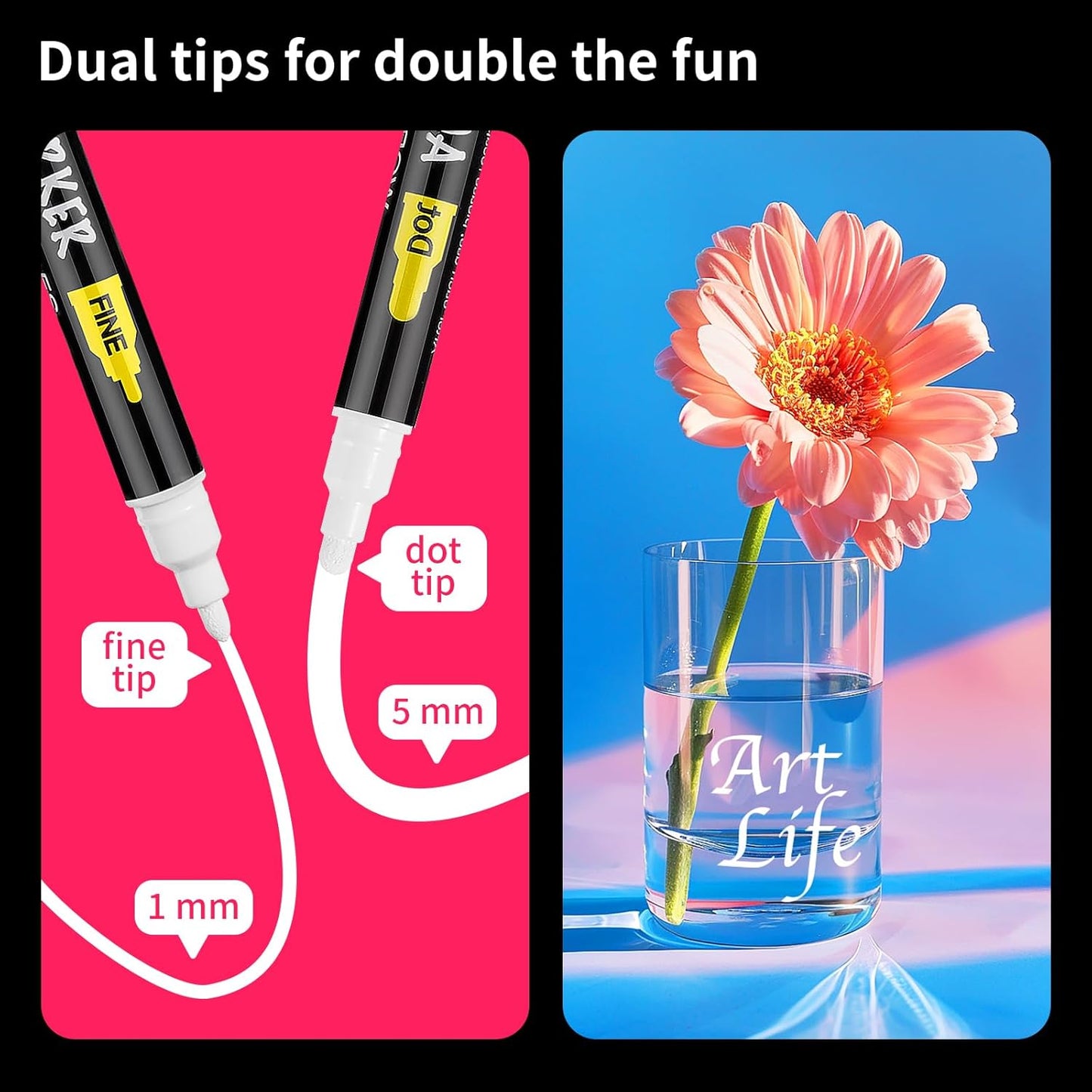 NAWOD 3 White Acrylic Paint Pens, Dual Tip (Fine 1mm + Dot 5mm) Permanent Markers for Rock, Fabric, Canvas, Ceramic, Glass, Wood, Paper, Labeling, Drawing, DIY Crafts