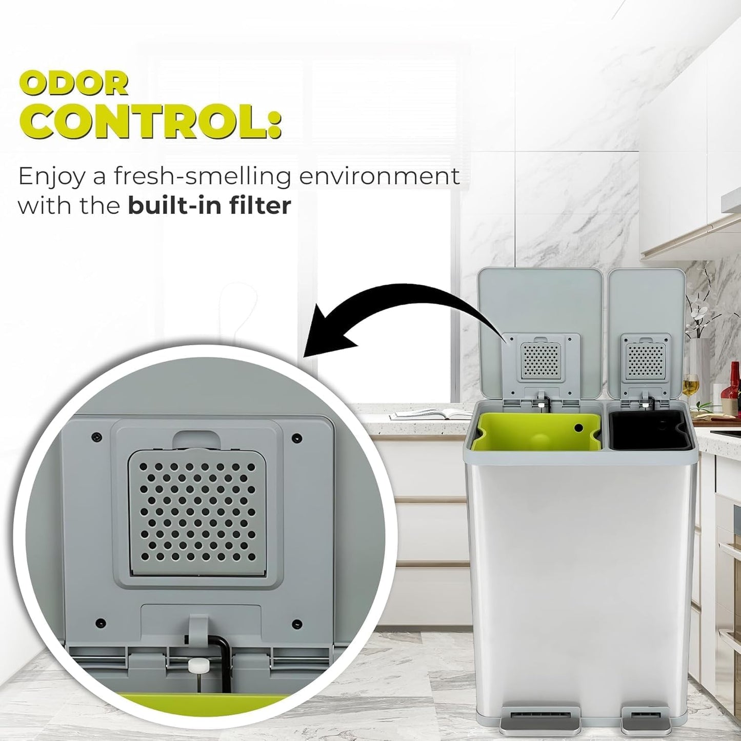 Simpli-Magic 60 Liter / 16 Gallon Rectangular Hands-Free Dual Compartment Recycling Kitchen Step Trash Can with Soft-Close Lid, Brushed Stainless Steel (38L x 22L Capacity)