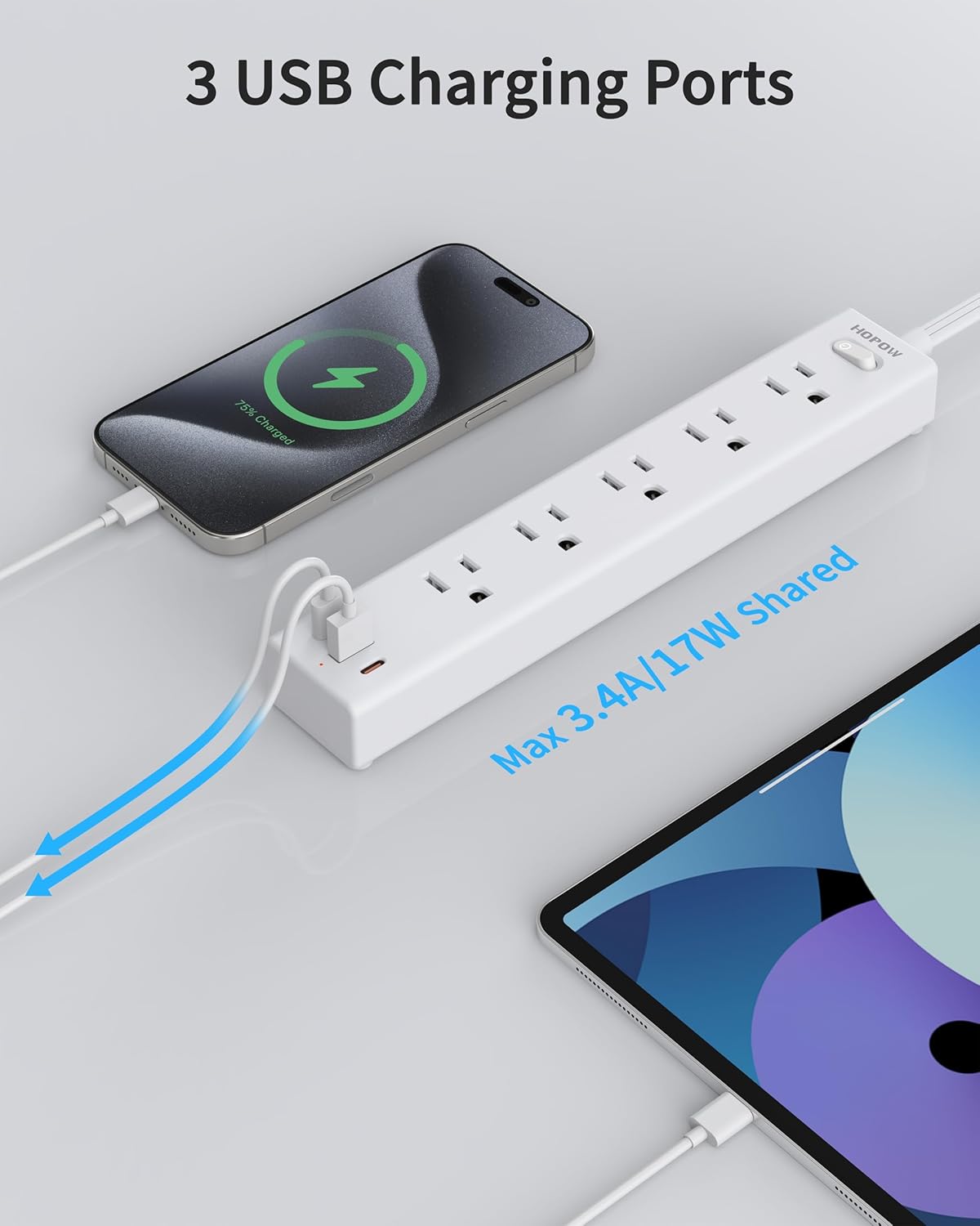 Flat Plug Power Strip, 6 Ft Ultra Thin Flat Extension Cord, Surge Protector with 5 Outlets & 3 USB Ports (2 USB C), 1700 Joules, Wall Mount, Desktop Charging Station for Home Office Dorm, White