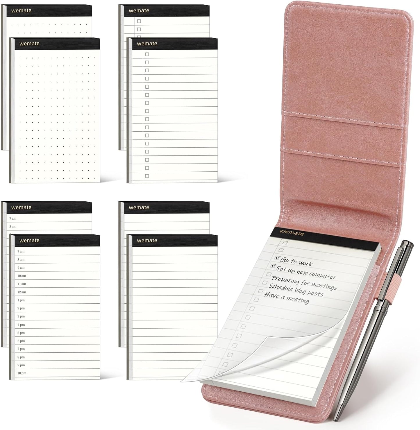 WEMATE 10 Pieces Small Notepad Holder Set Pocket Notebook - Included Mini Pocket Notepad Holder Set with 8 Memo Book Refills and Metal Pen for Meetings, Daily Records, and Notes 3 x 5 Inch (Rose Gold)