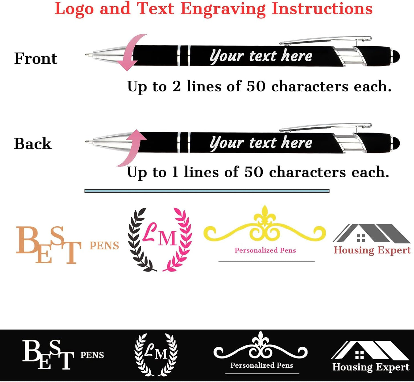 Personalized Pens with Name Logo or Message, Up to 1200 pcs Bulk Custom Metal Ballpoint Pen with Black Ink Customized Gift for Business, Graduation and Promotions (Black)