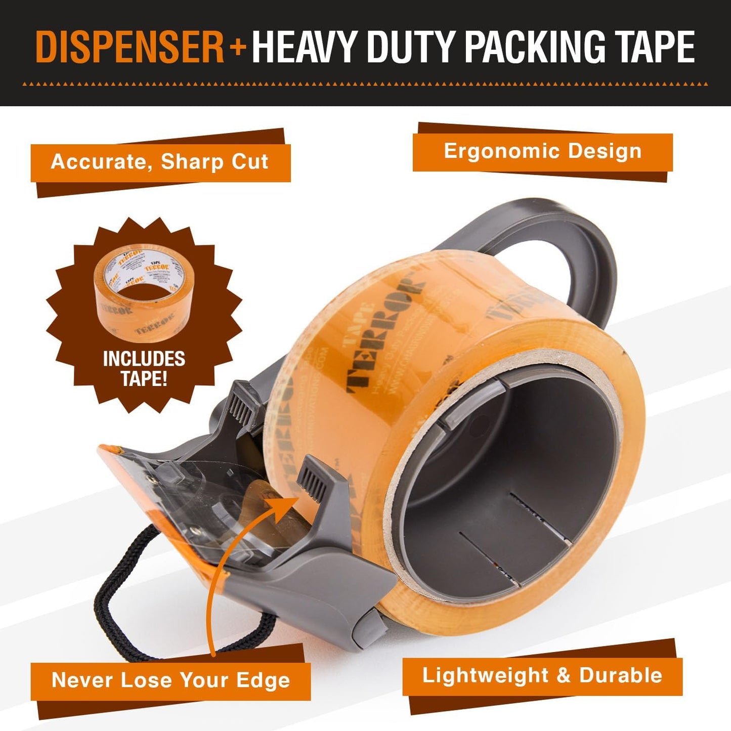 Clear Packing Tape with Dispenser (1 Roll) – Heavy Duty, Refillable, Compatible with Standard 2” Wide Rolls