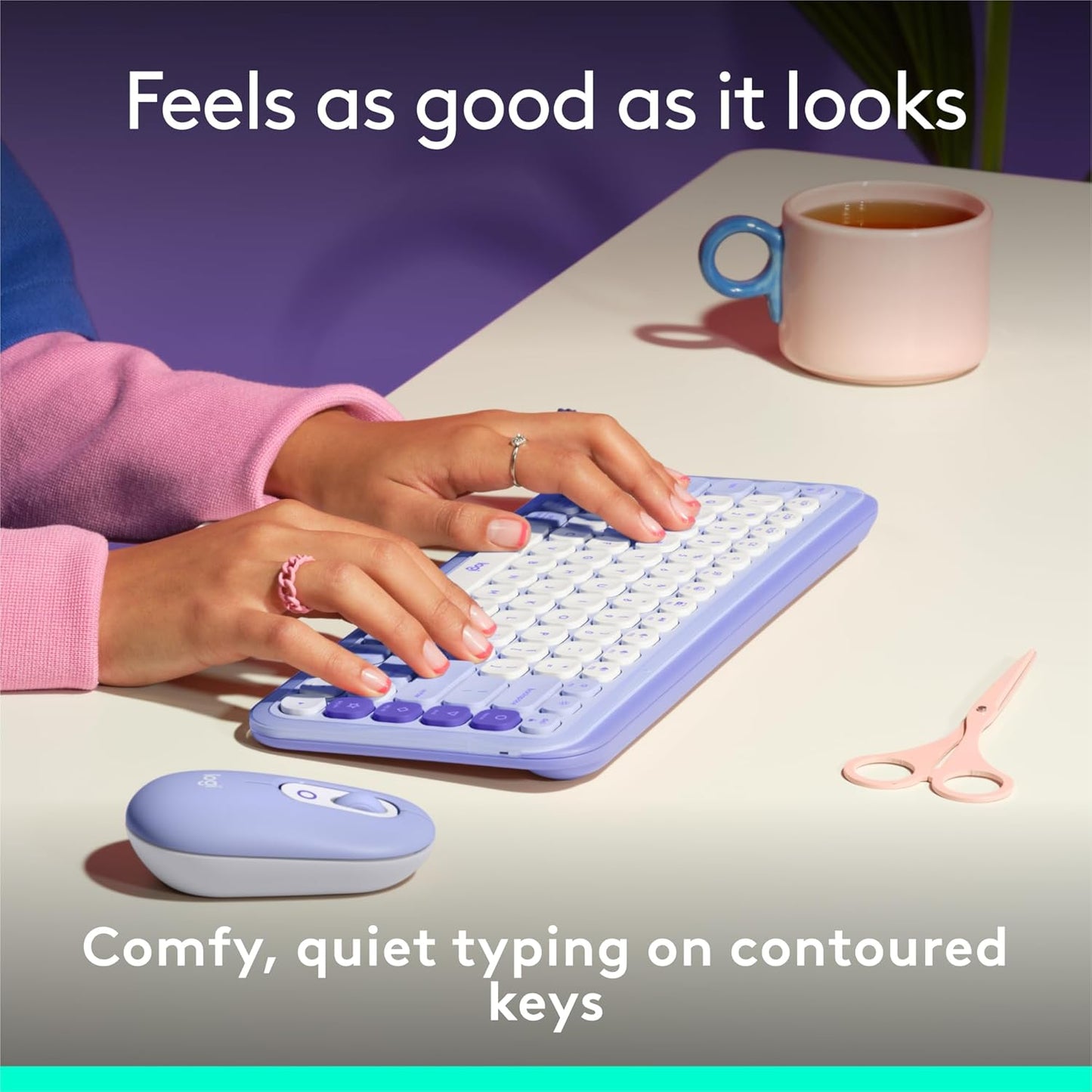 Logitech POP ICON Keys Wireless Bluetooth Keyboard, Comfortable Typing, Programmable Keys, Easy-Switch Between up to 3 Devices, for Laptop, Tablet, PC – Lilac and Off-White