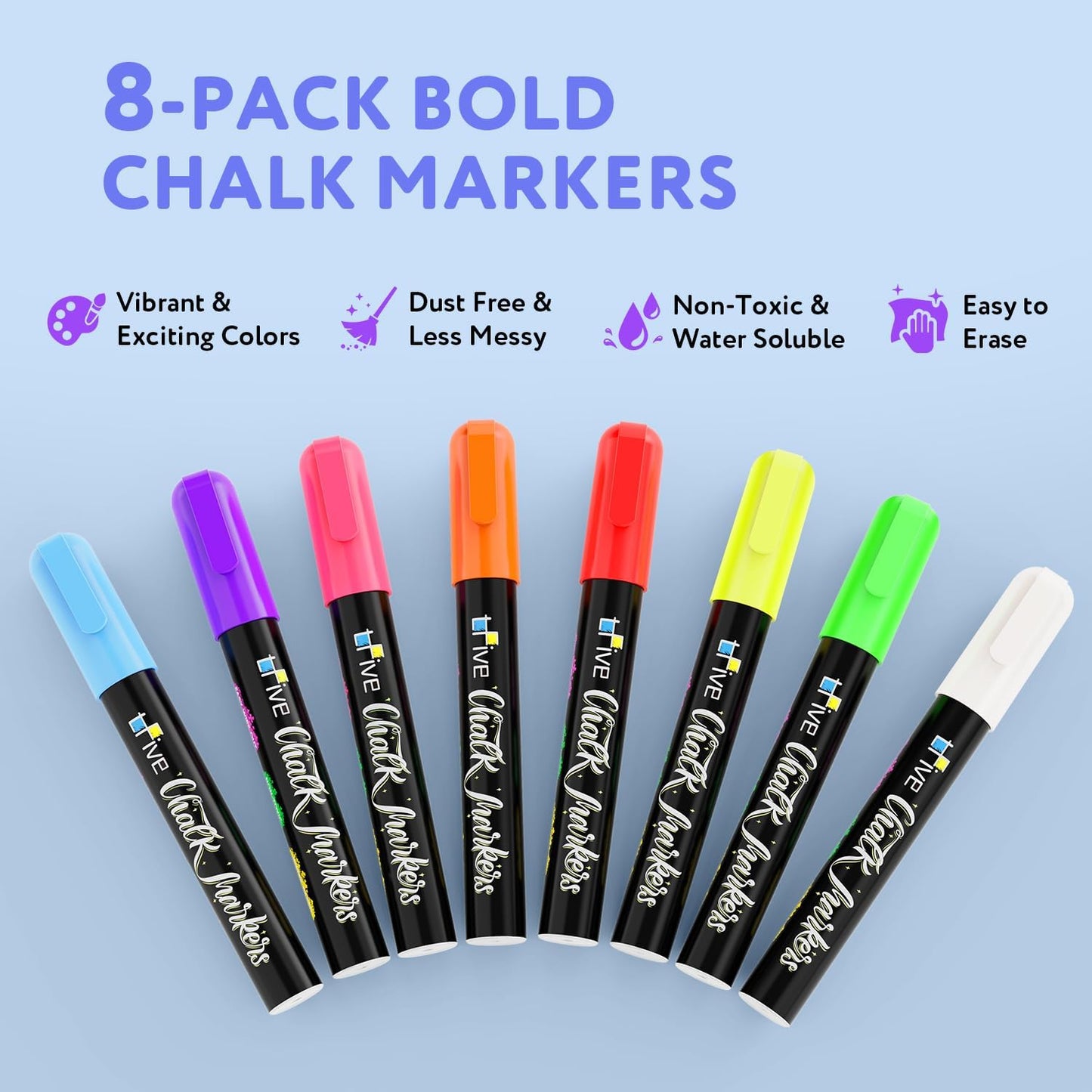 TFIVE Chalk Markers - 8 Color Chalk Pens and 24 Labels - Dry & Wet Erase, Reversible Tip, for Chalkboards, Signs, Windows, Blackboard, Glass, Mirrors, Liquid Chalk