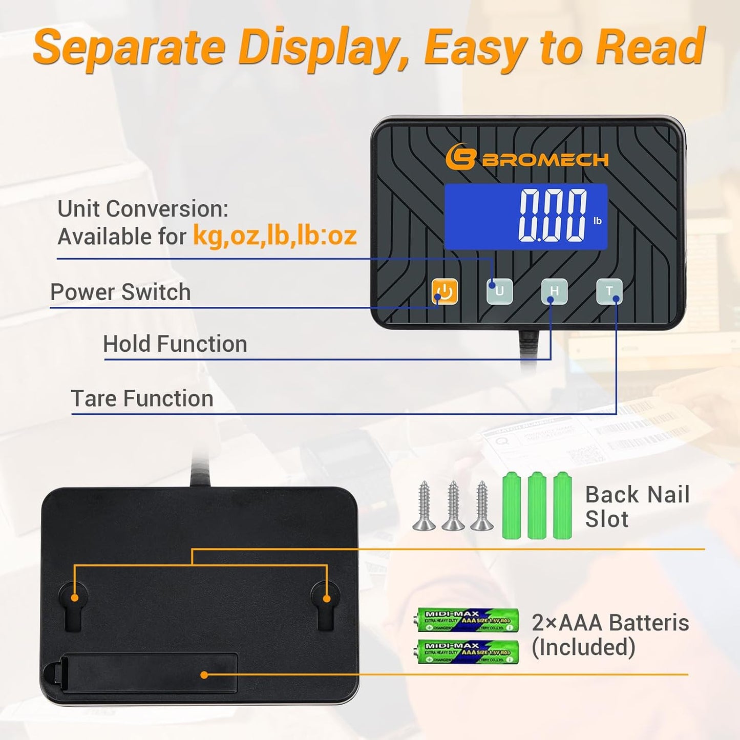 Postal Scales for Shipping Packages 440lb Heavy Duty Digital Mail Scale High Accuracy 0.35oz Postage Scale W/Separate Display, Type-C Charging for Small Business, Warehouse, Luggage, Home, Pet
