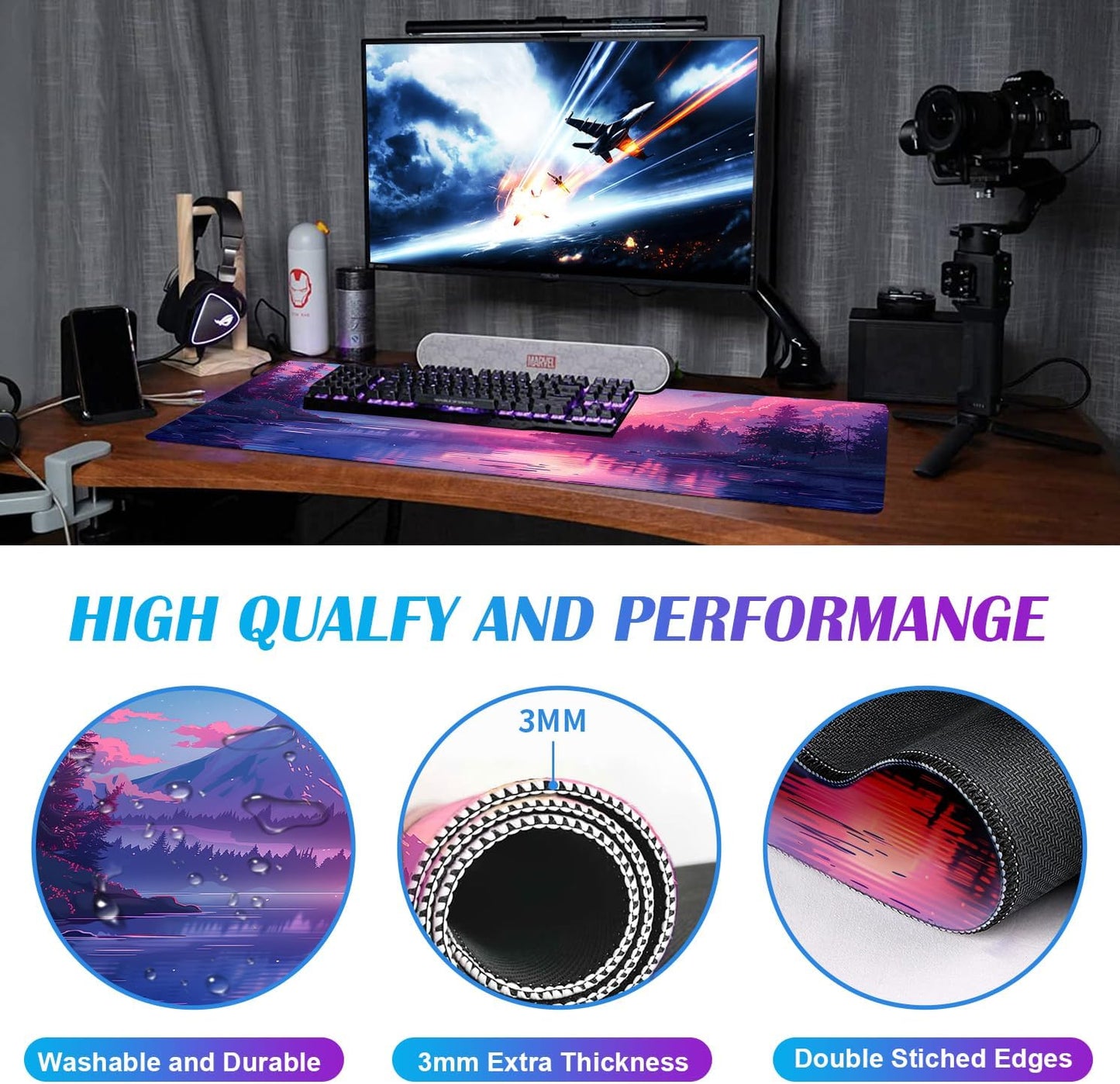 Sunset Mountain Scenic XXL Extended Mouse Pad, Fuji Mountain Large Laptop Pad, Waterproof, Non Slip, Game Office Sewn Table Pad 35.4 x 15.7 x 0.12 Inches