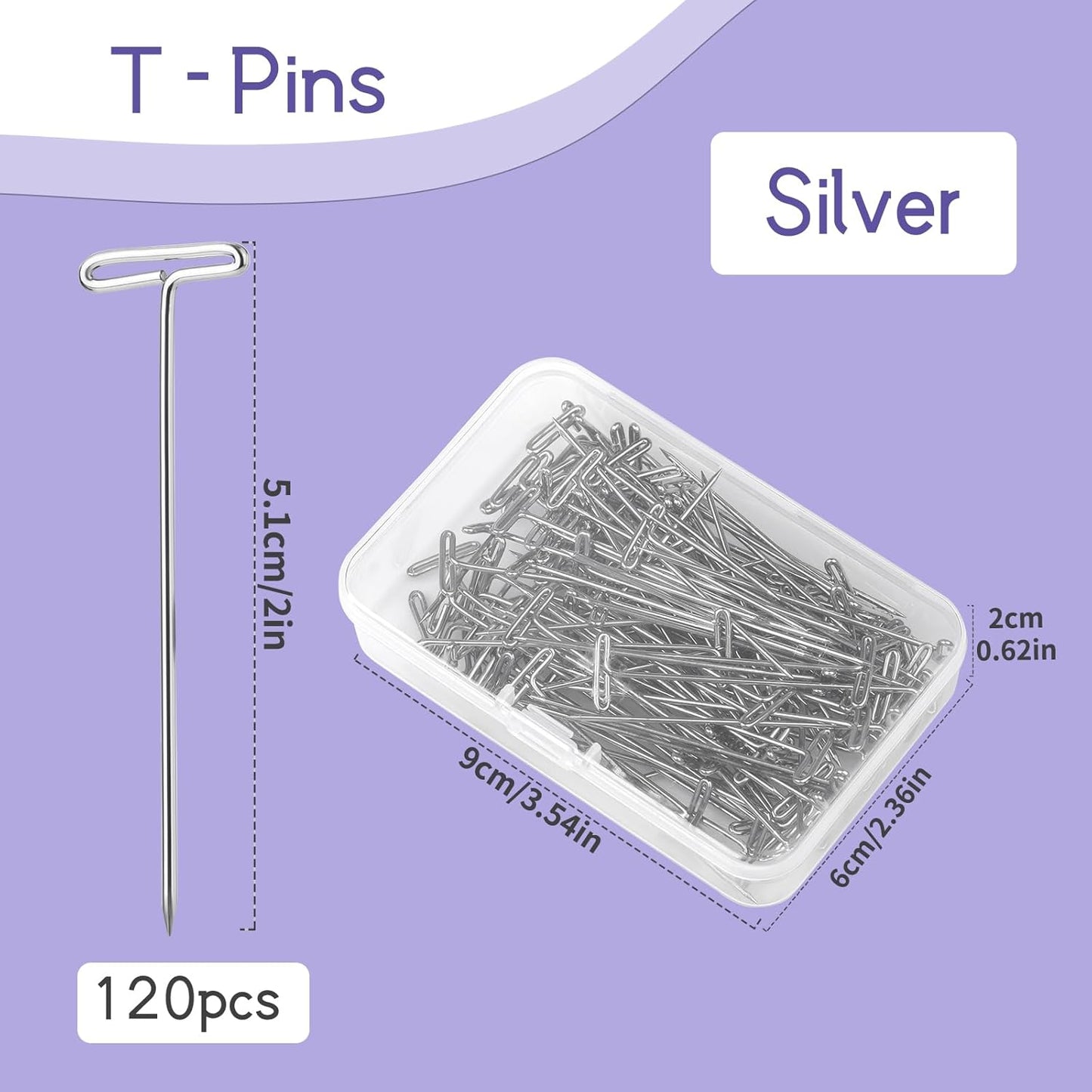120 Pcs 2 Inch T-Shape Sewing Pins with Plastic Clear Box - Stainless Steel T-Pins for Wig Heads & Knitting Sewing Craft (51mm/2inch)