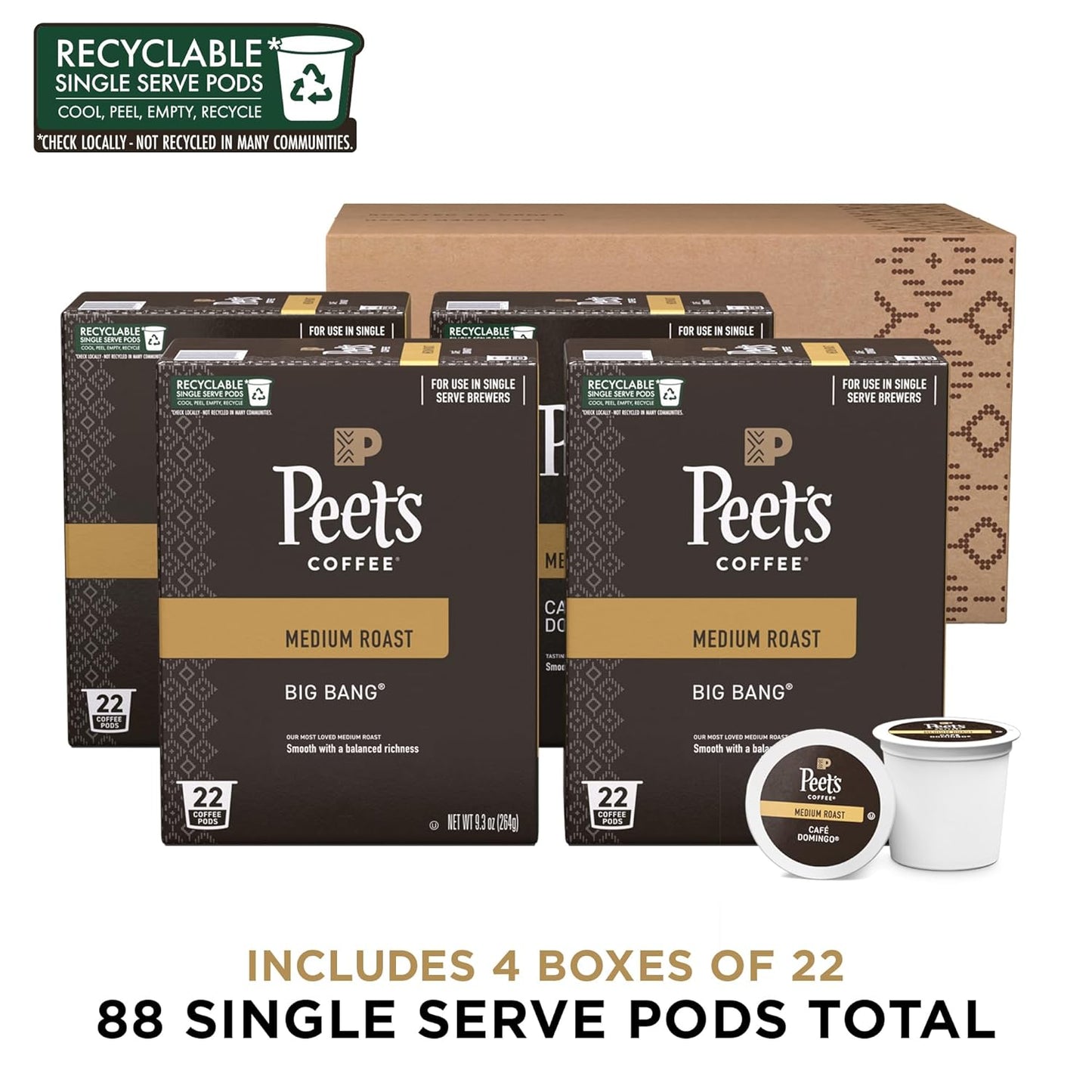 Peet's Coffee, Medium Roast Single Serve Coffee Pods - Big Bang 88 Count (4 Boxes of 22 Pods)